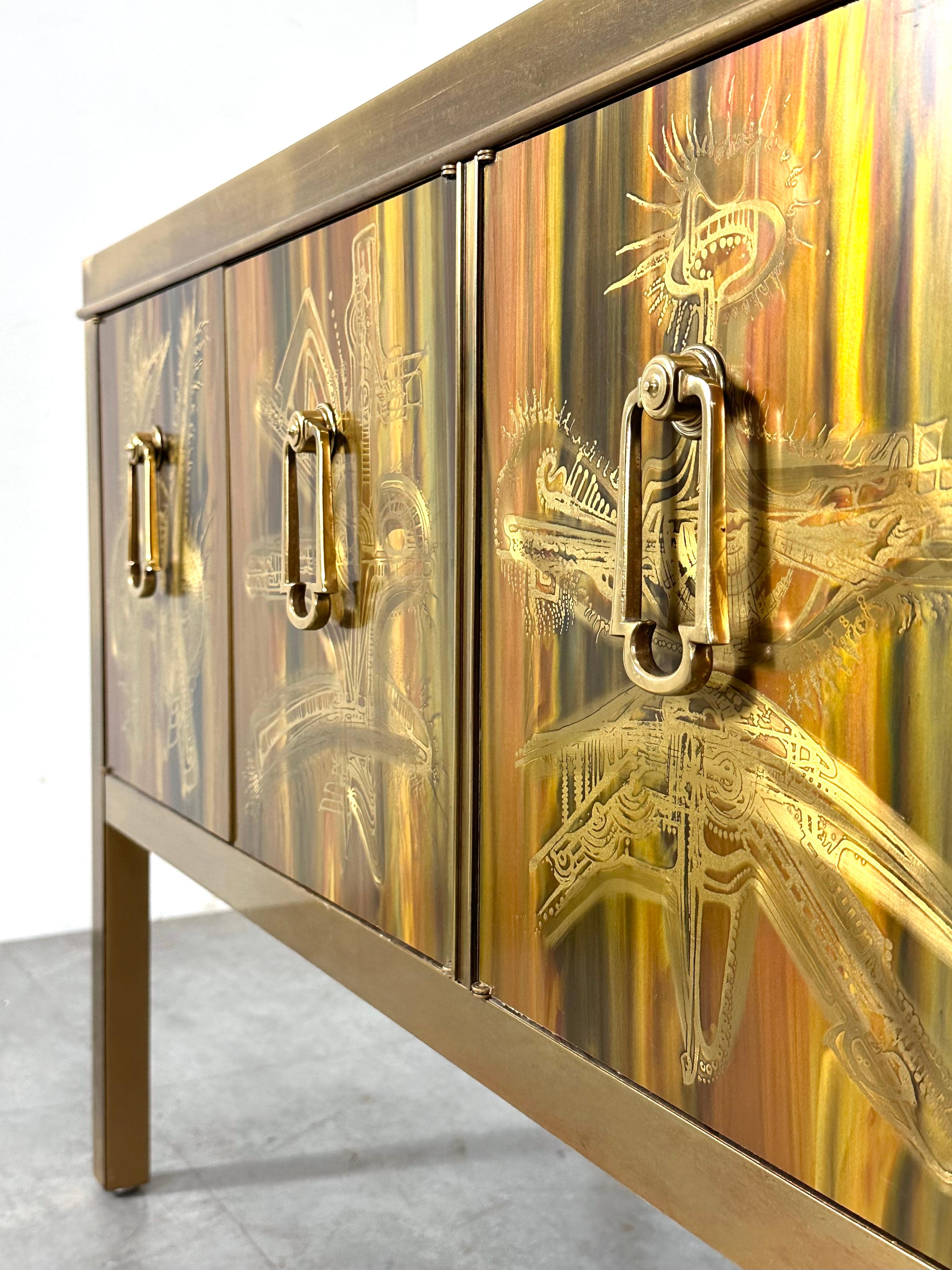 Bernard Rohne for Mastercraft Acid Etched Brass Credenza Mid Century 1970s For Sale 3