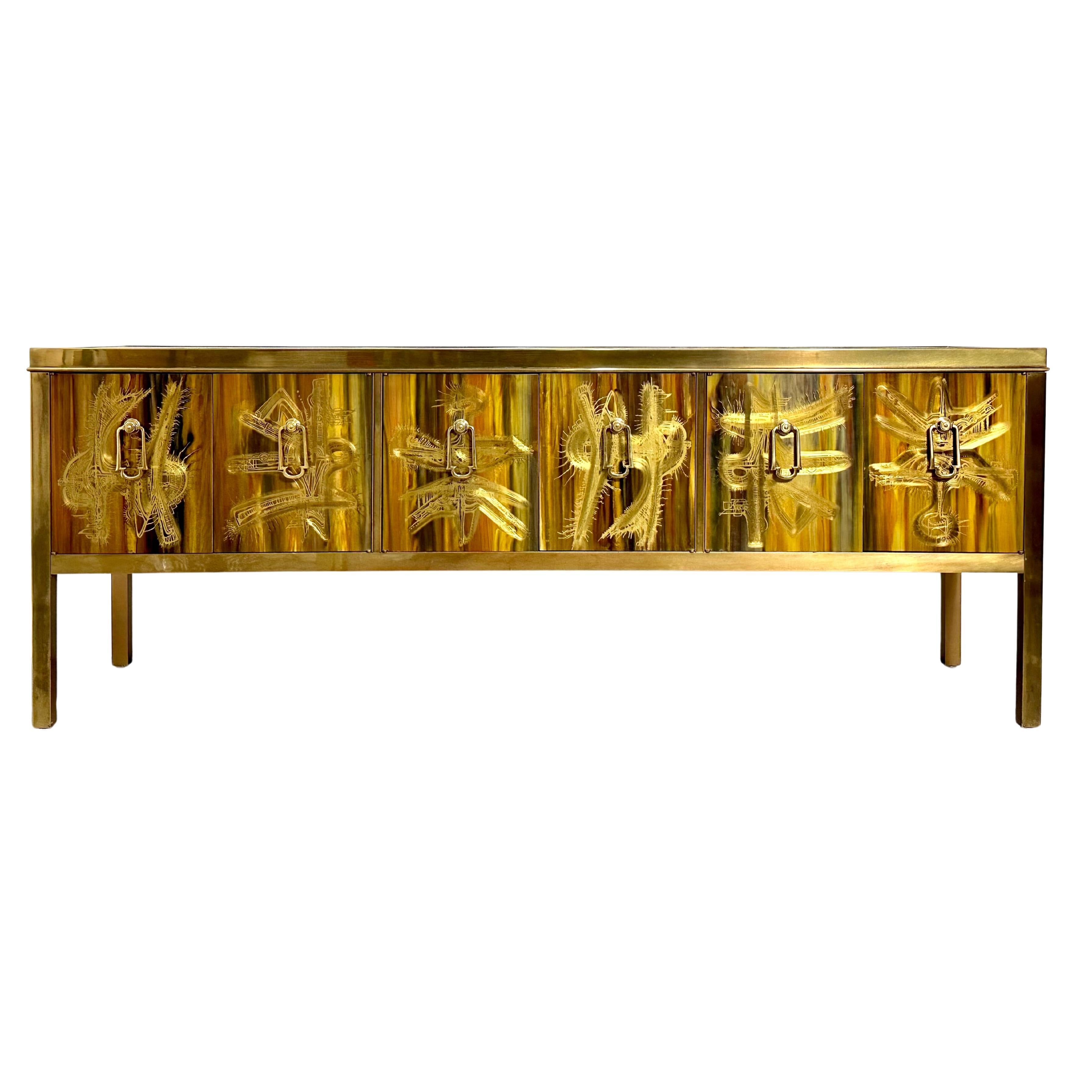 Bernard Rohne for Mastercraft Acid Etched Brass Credenza Mid Century 1970s For Sale