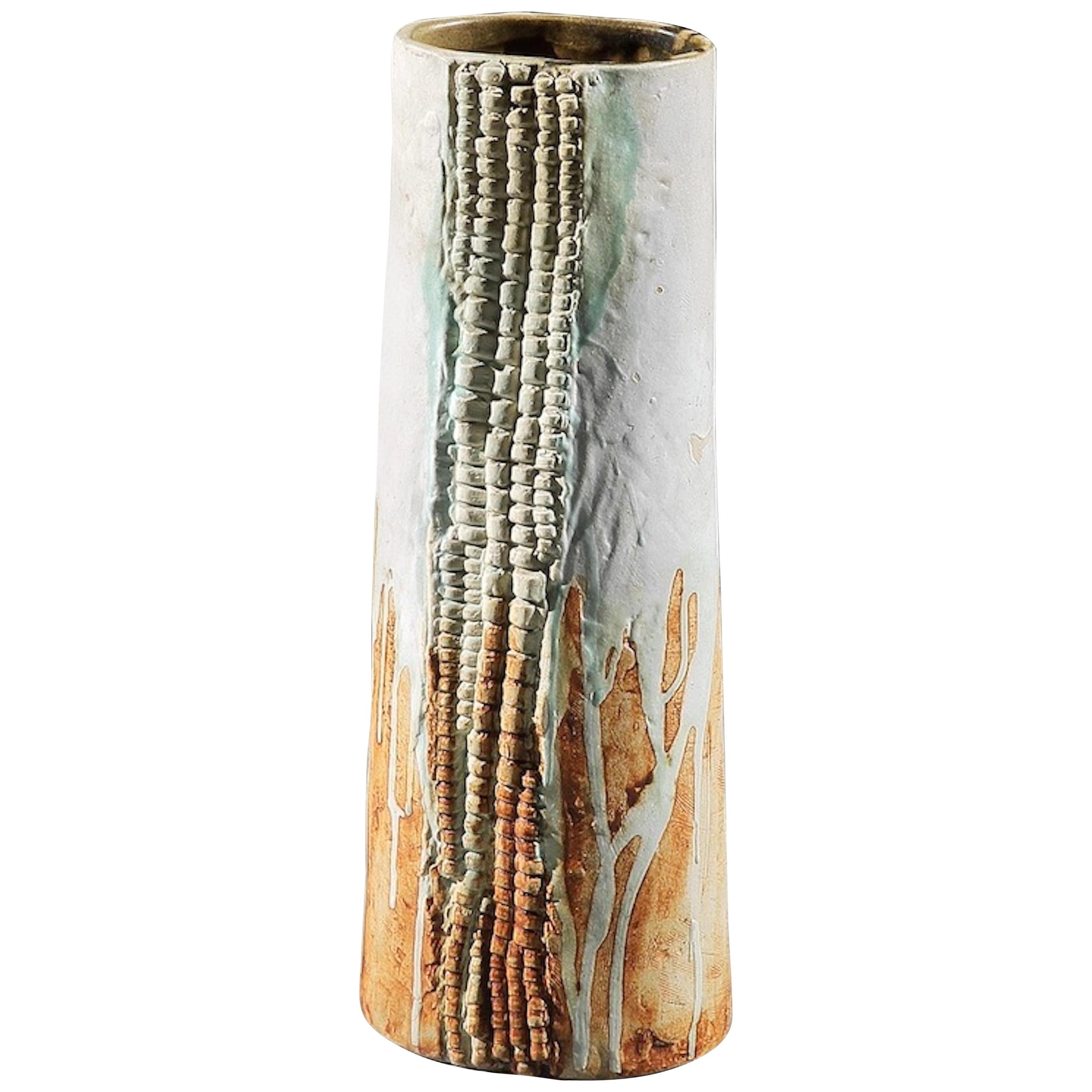 Bernard Rook Vase Waterscape Pottery Glazed White Brown Blue, 1960-1965 For Sale