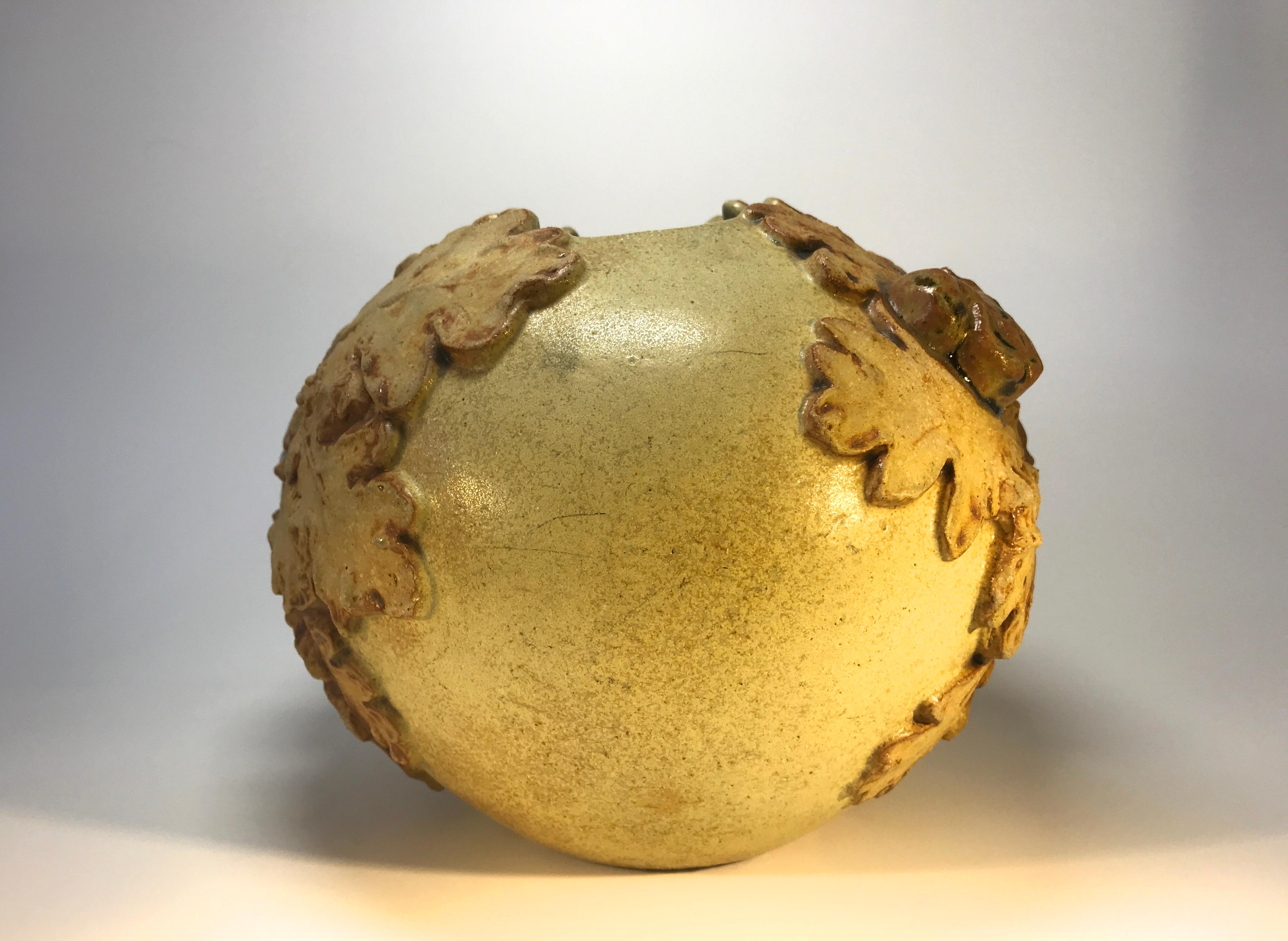 Hand-Crafted Bernard Rooke, England, Oak Leaves and Squirrels Ceramic Ball Studio Vase, 1970s