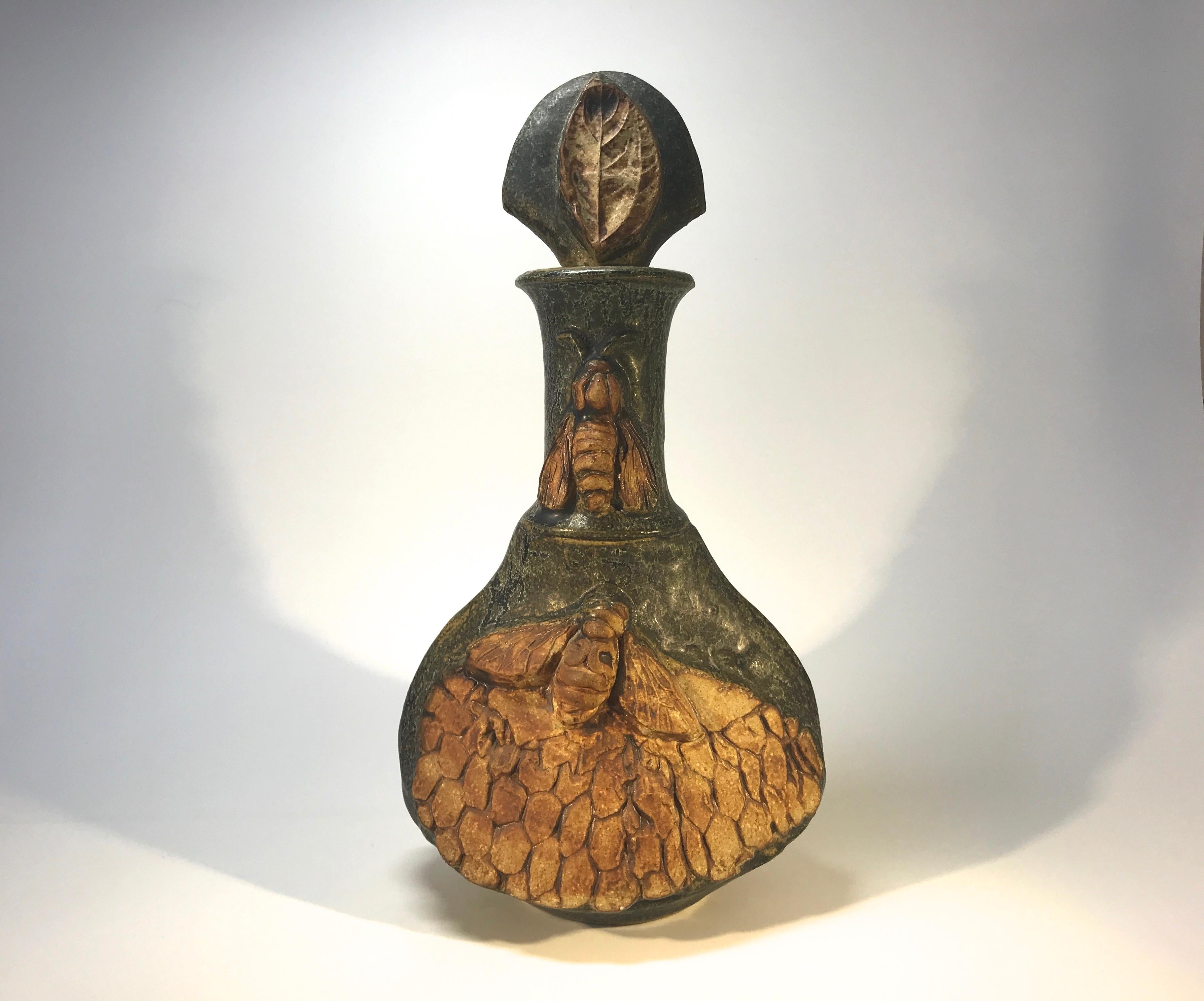 Mid-Century Modern Bernard Rooke Honeycomb and Bees Ceramic Hand Formed Decanter, circa 1970s