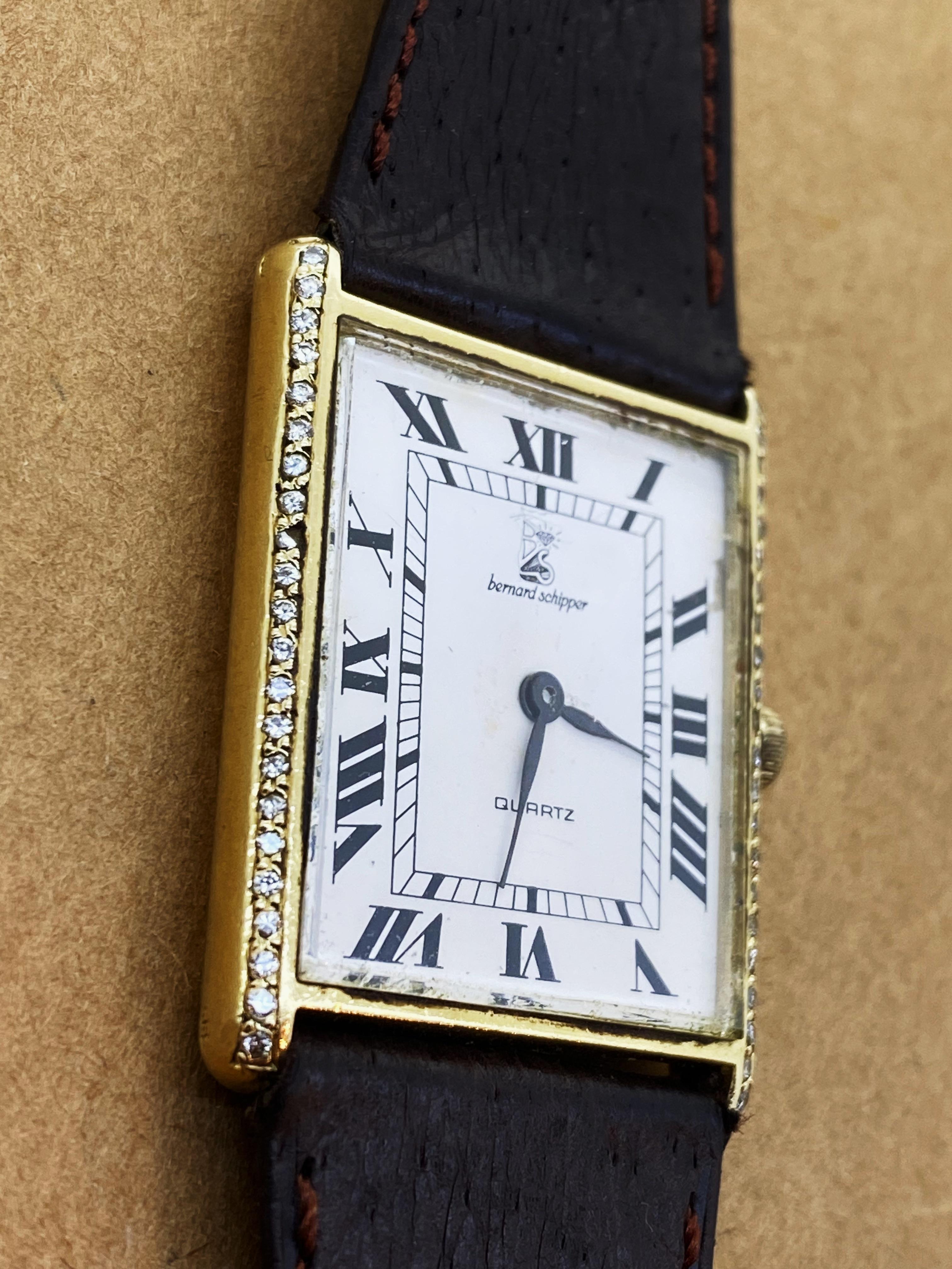 Bernard Schipper 14K Gelbgold & Diamant Tank (Rechteck) Quarz Herrenuhr (Rundschliff) im Angebot