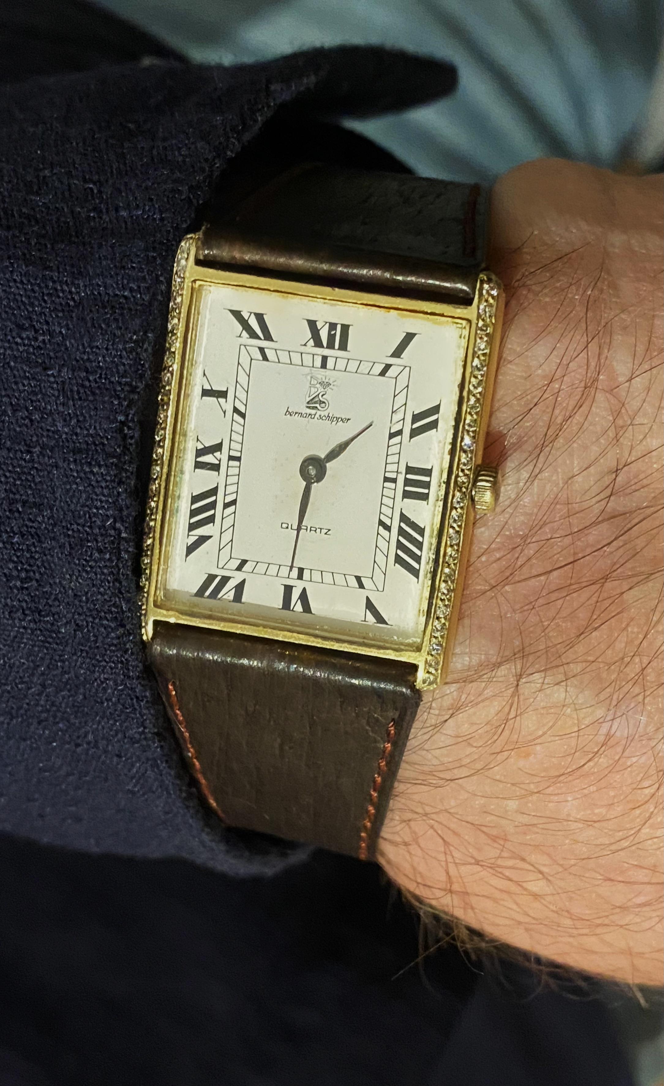 Bernard Schipper 14K Gelbgold & Diamant Tank (Rechteck) Quarz Herrenuhr im Zustand „Hervorragend“ im Angebot in MELBOURNE, AU