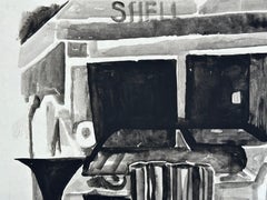 Peinture abstraite cubiste du milieu du siècle de la station-service Shell