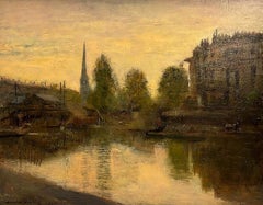 Sunset River Landscape - English Impressionist Antique Oil on Panel Painting