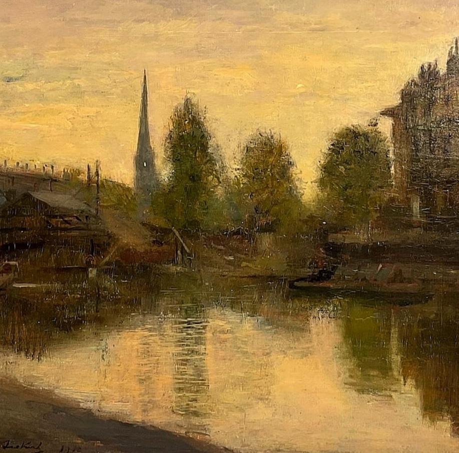Sunset River Landscape - English Impressionist Antique Oil on Panel Painting - Brown Landscape Painting by Bernard Sickert