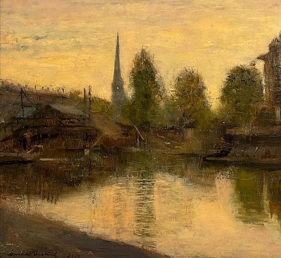 Sunset River Landscape - English Impressionist Antique Oil on Panel Painting For Sale 1
