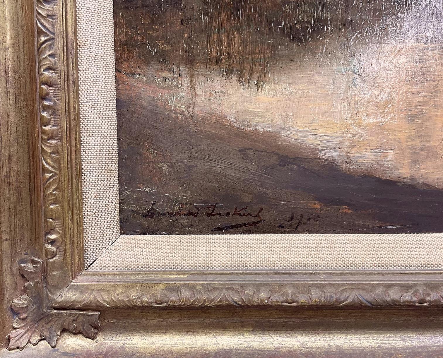 Sunset River Landscape - English Impressionist Antique Oil on Panel Painting For Sale 2