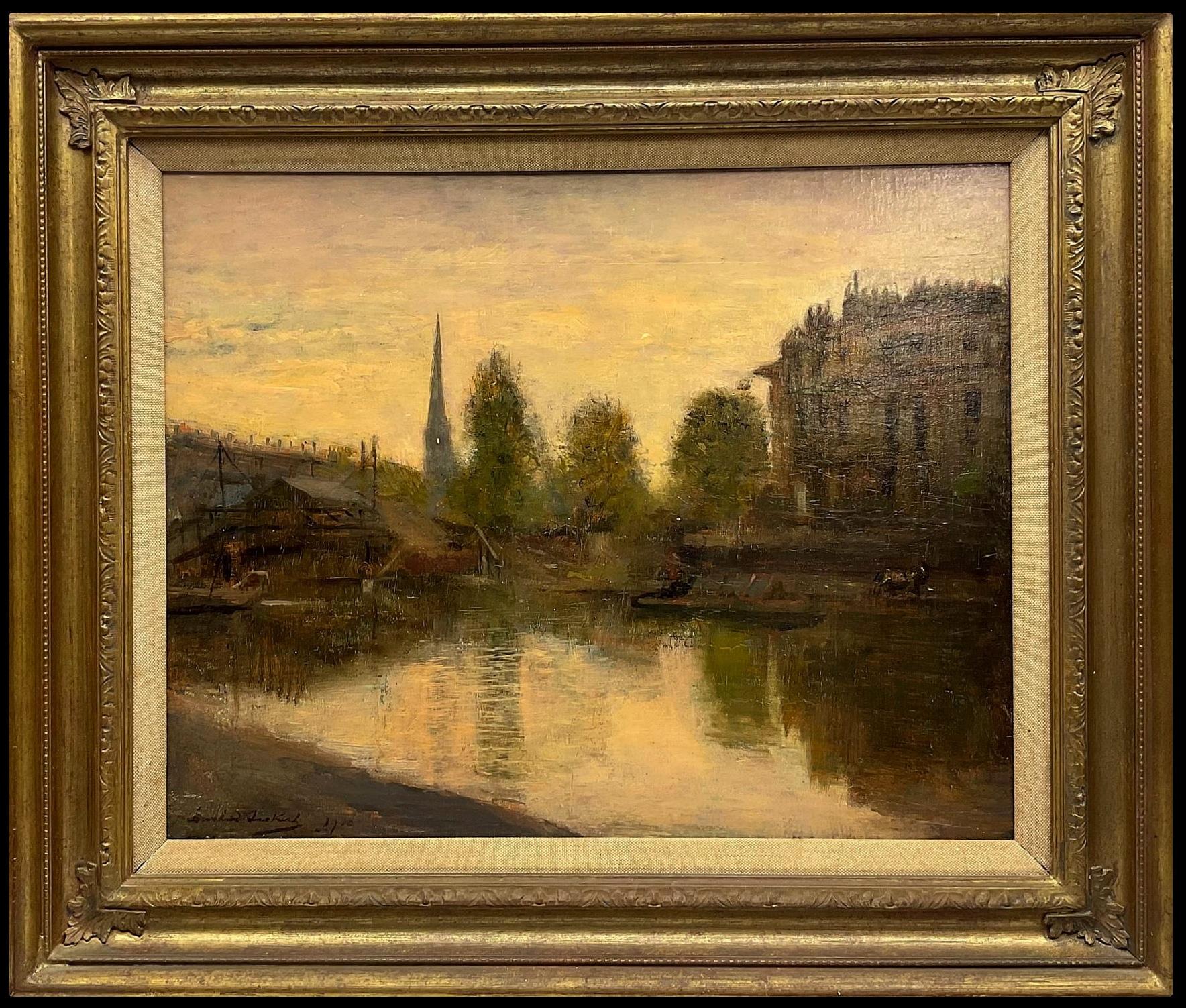 Bernard Sickert Landscape Painting - Sunset River Landscape - English Impressionist Antique Oil on Panel Painting
