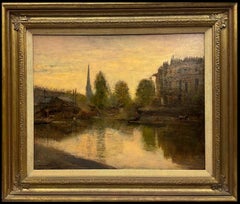 Sunset River Landscape - English Impressionist Antique Oil on Panel Painting