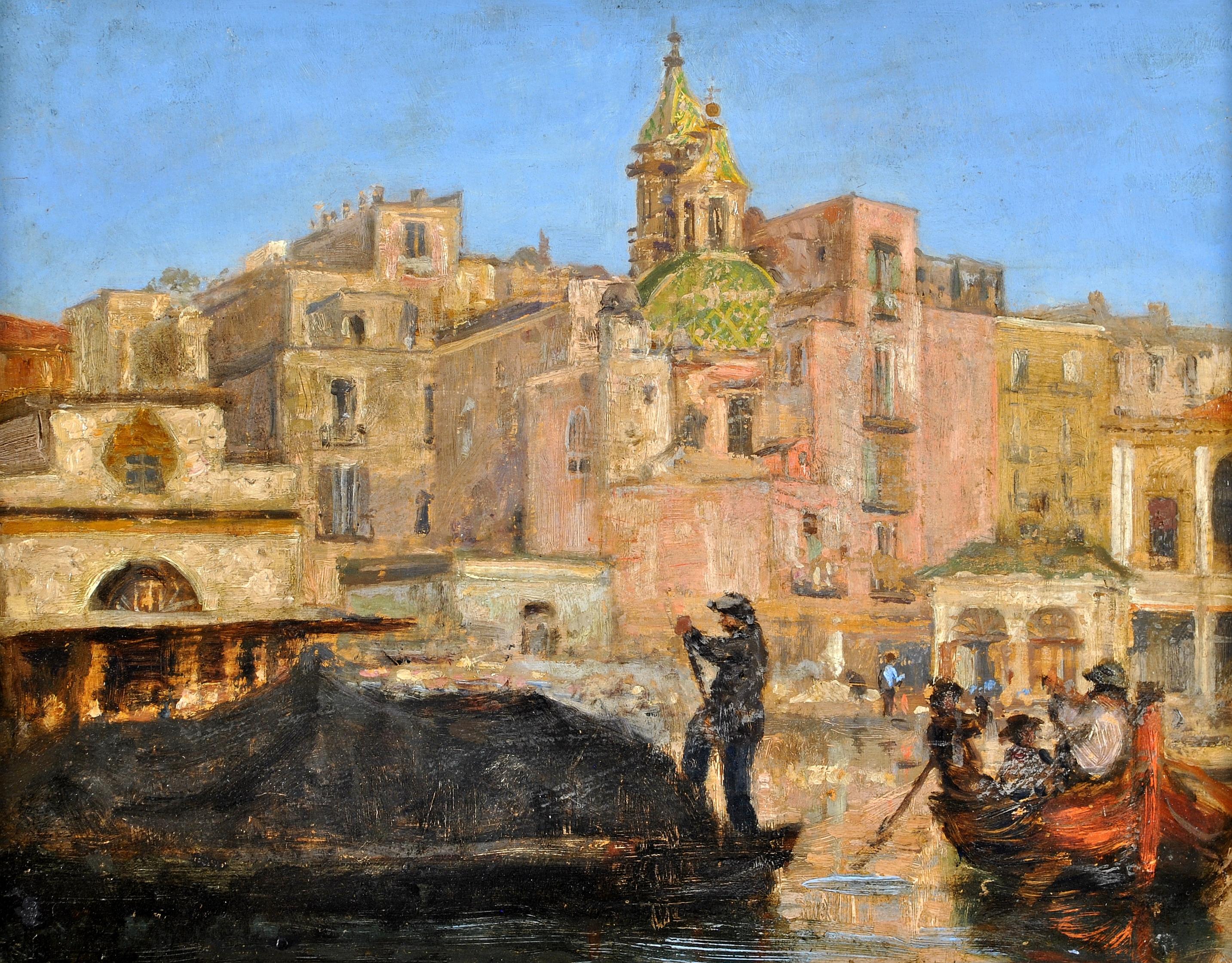 The Custom House, Naples - Modern British Impressionist Italy Landscape Painting For Sale 1