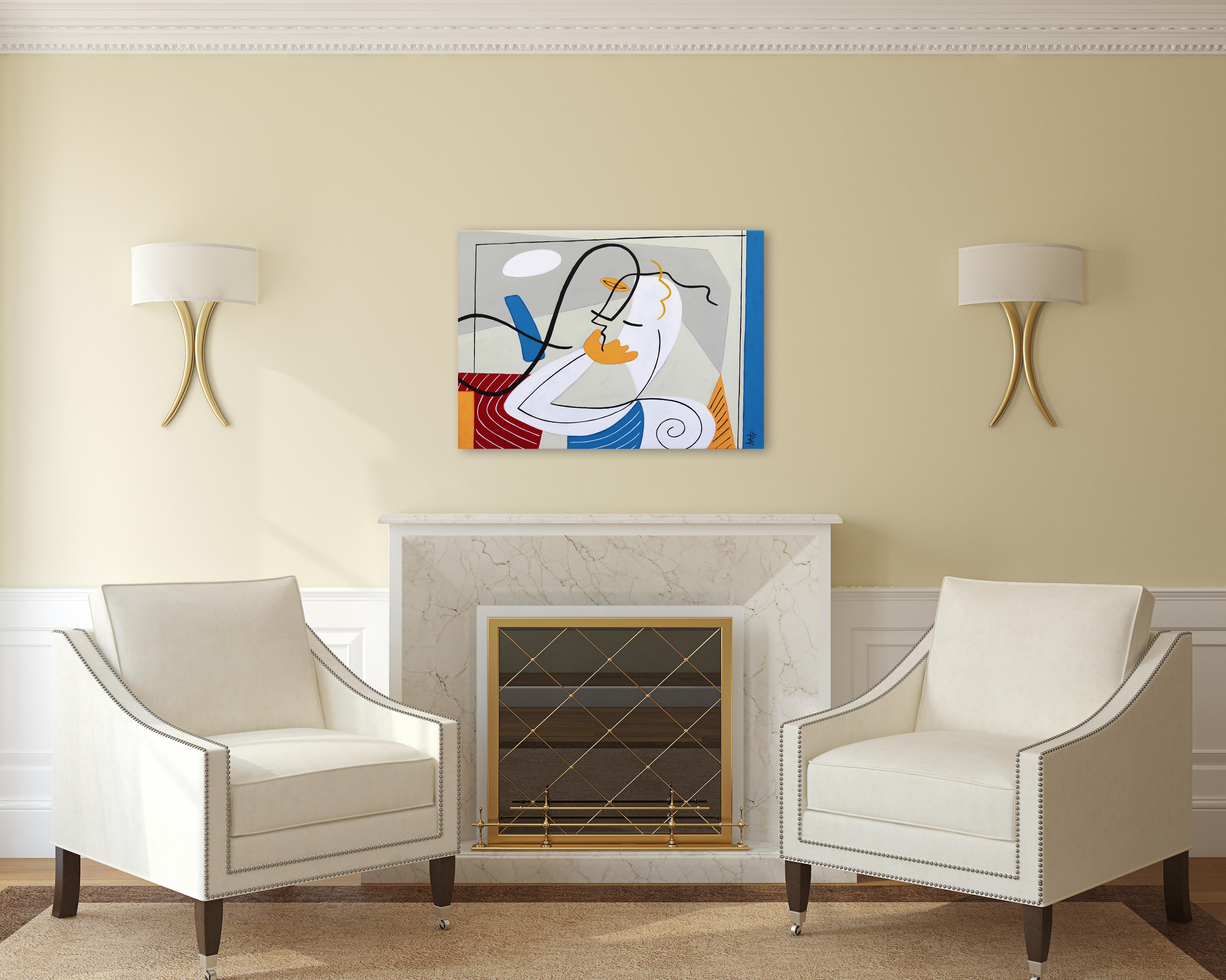 Fiery Tango - Original Abstraktes, abstraktes, figuratives, farbenfrohes Gemälde mit neutralen Linien, Kubismus – Painting von Bernard Simunovic