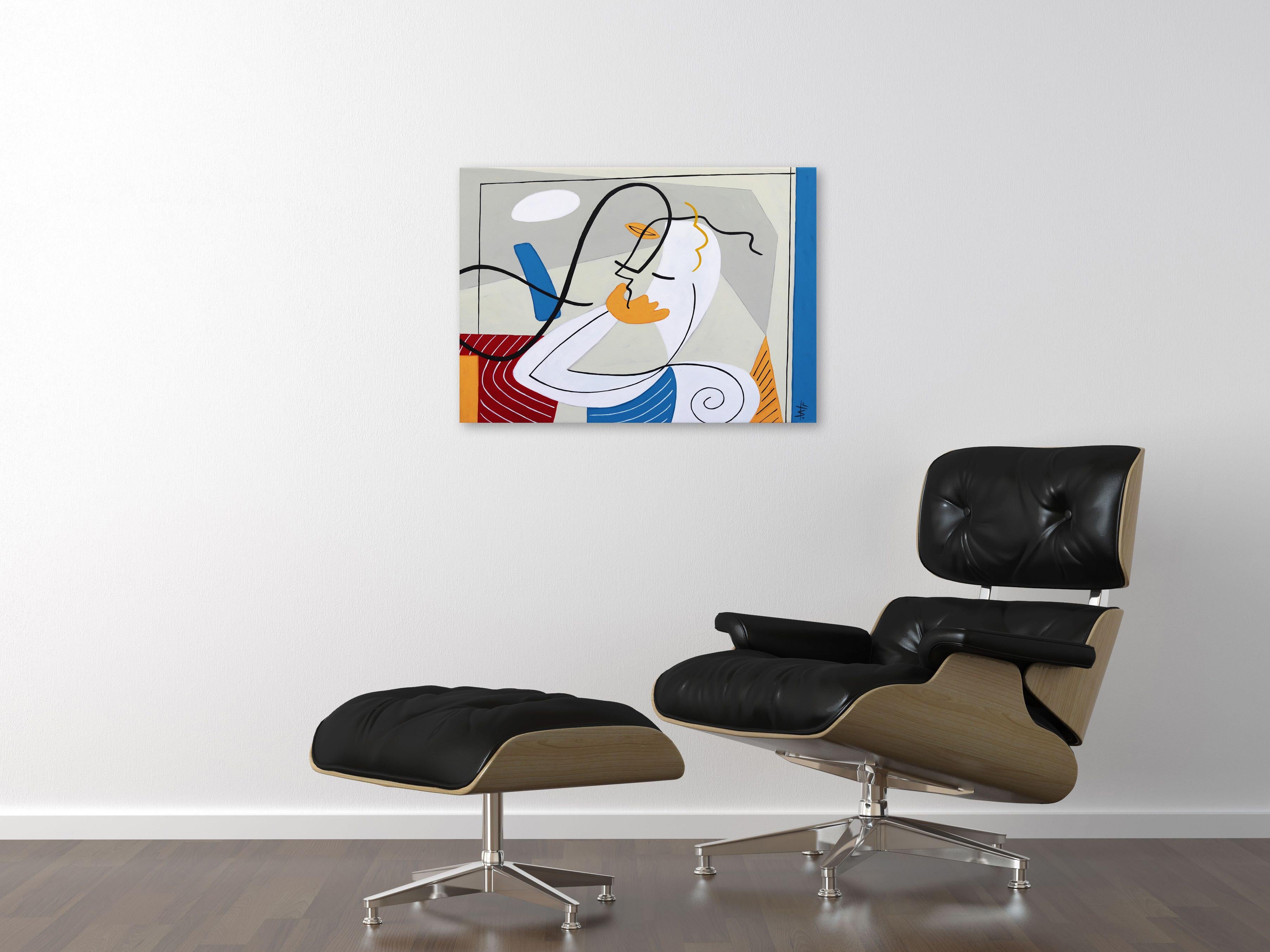 Fiery Tango - Original Abstraktes, abstraktes, figuratives, farbenfrohes Gemälde mit neutralen Linien, Kubismus im Angebot 2