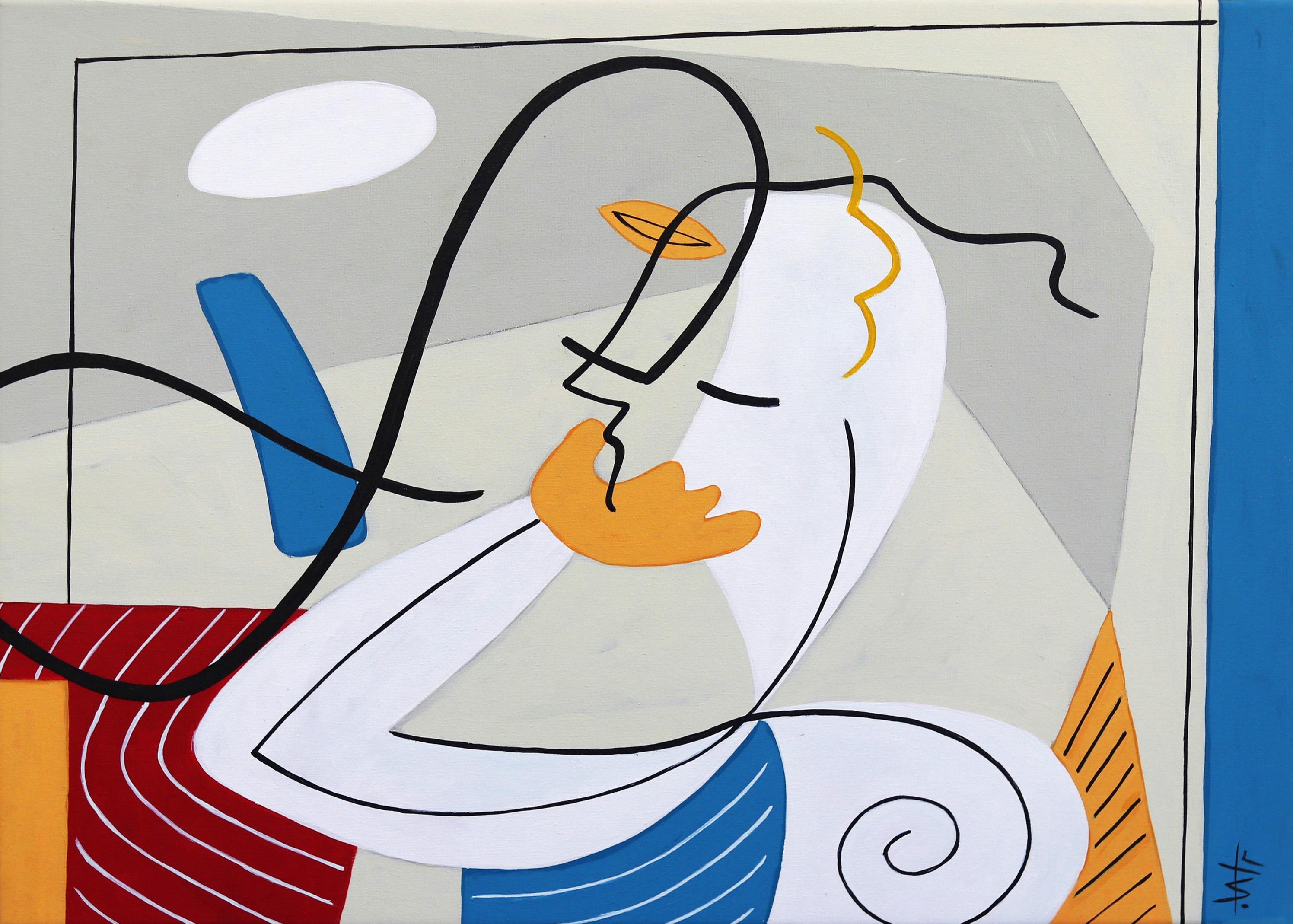 Tango fier - Peinture abstraite figurative cubiste colorée aux lignes neutres originale