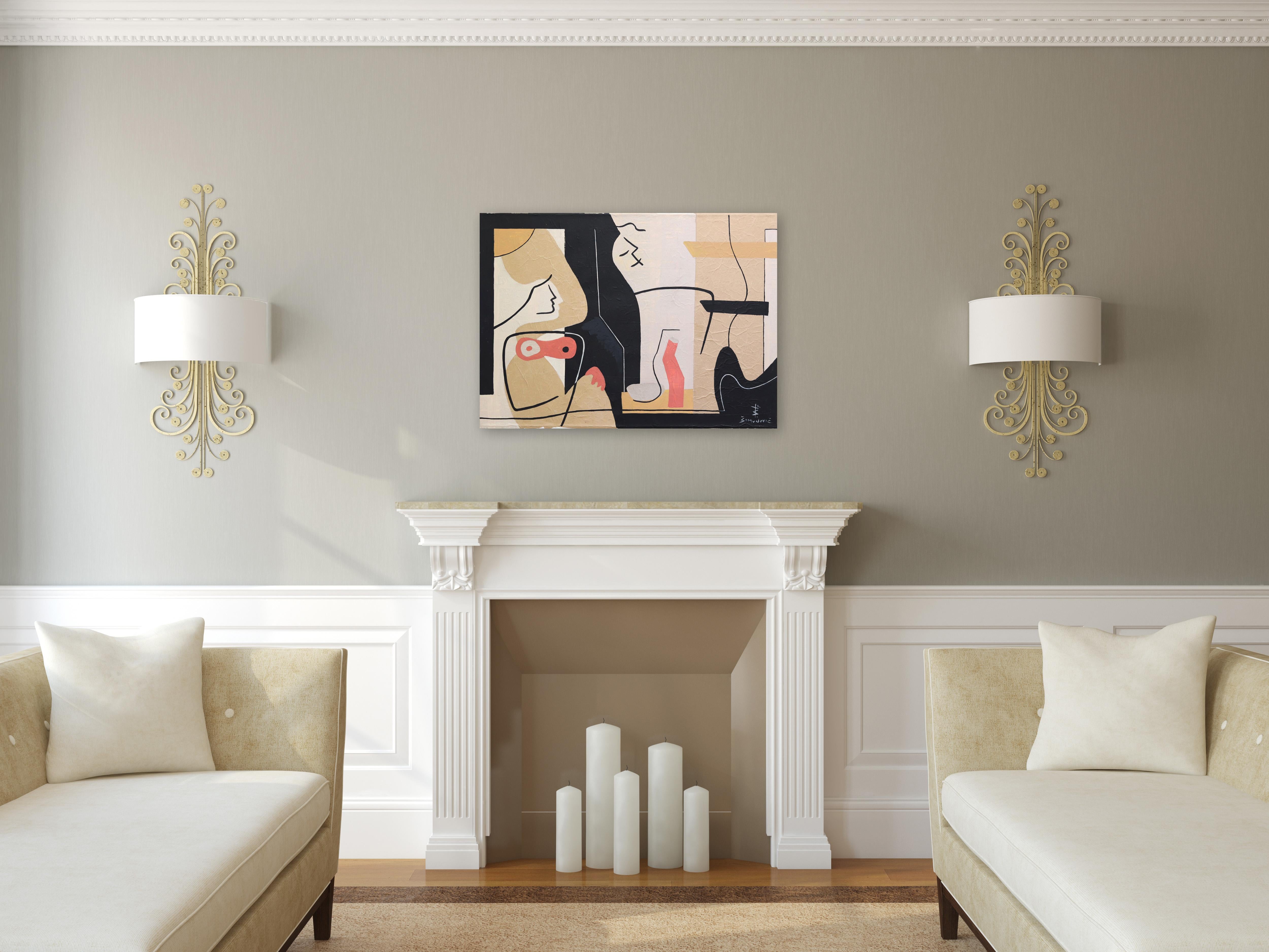 Togetherness II - Pintura Original Abstracta Figurativa Cubismo Beige Línea Negra - Mixed Media Art Cubista de Bernard Simunovic