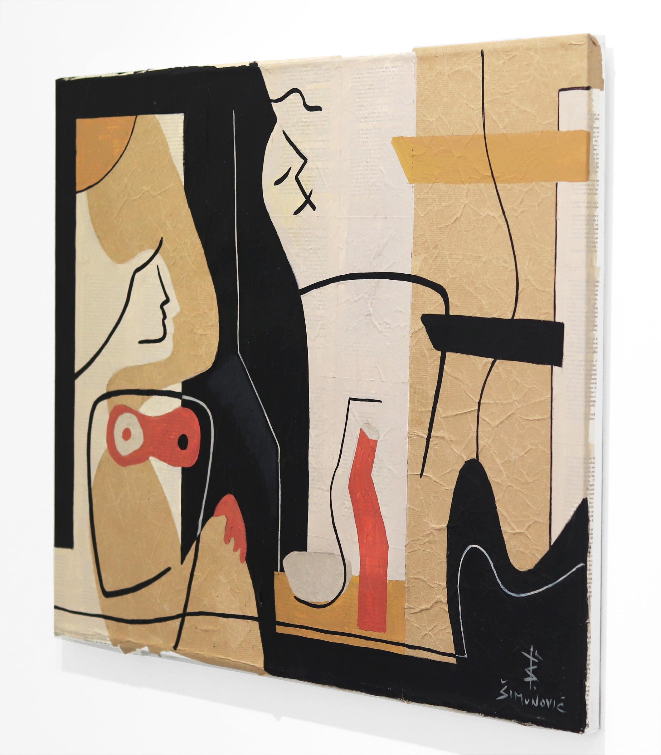 Togetherness II – Original Abstraktes, figuratives Gemälde des Kubismus, Beige, schwarze Linien, Original im Angebot 2