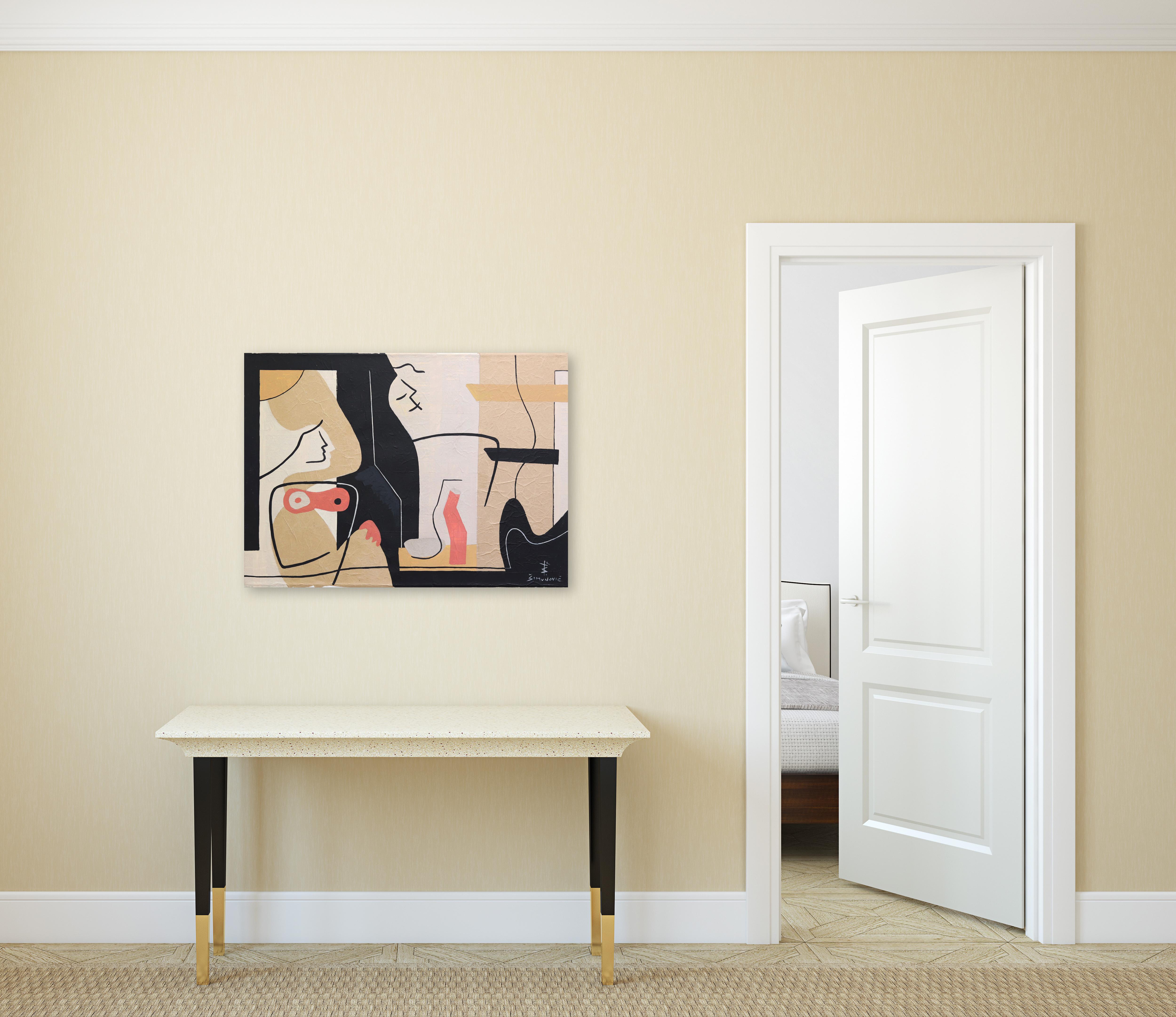Togetherness II - Original Abstract Figurative Cubism Beige Black Line Painting For Sale 1