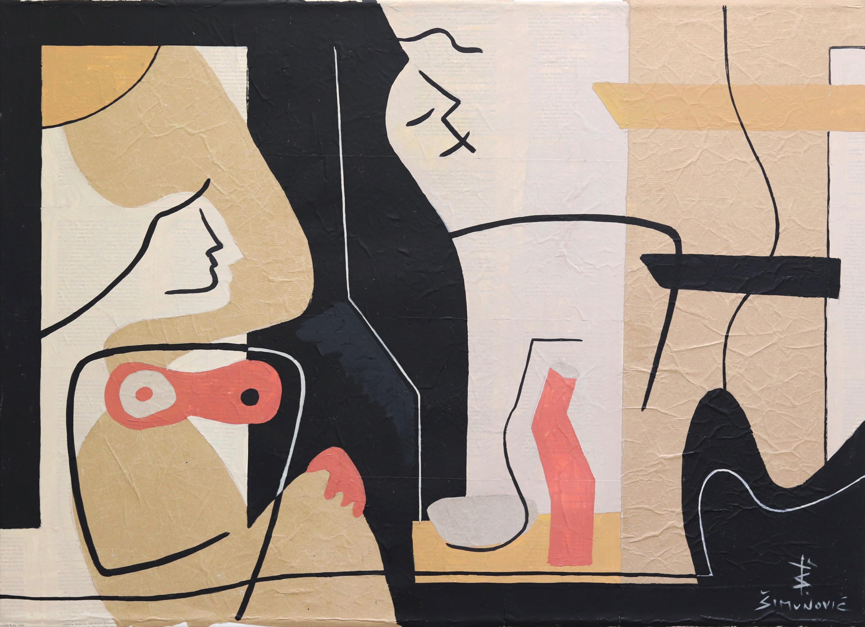 Togetherness II - Peinture figurative abstraite cubiste beige aux lignes noires, originale