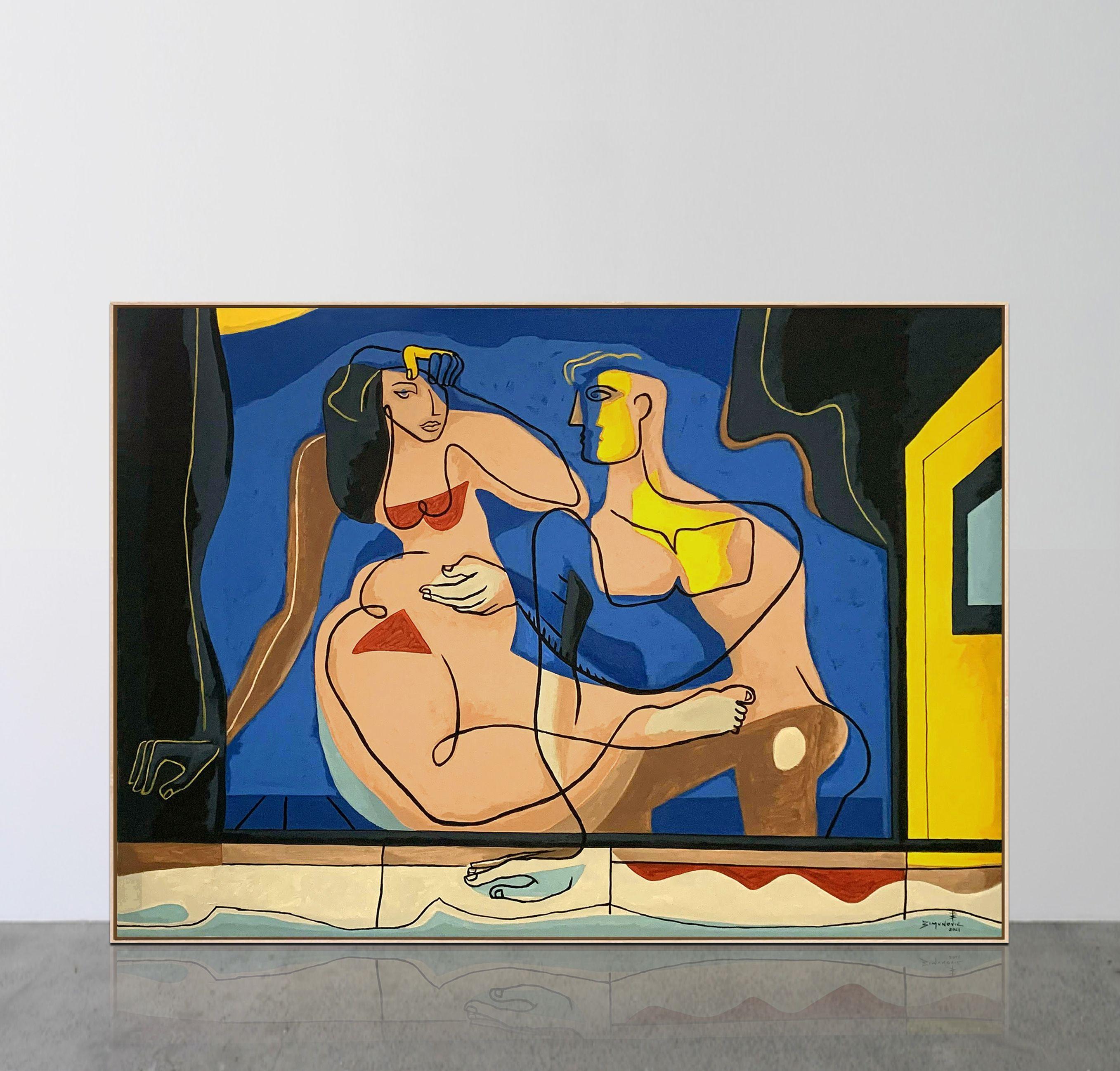 La notte in piscina  Bernard Simunovic, Germania, 2021  Acryl auf Leinwand, 110x155cm :: Pittura :: Contemporanea :: Questo pezzo viene fornito con un certificato ufficiale di autenticità firmato dall'artista :: Pronto da appendere: No :: Firmato: