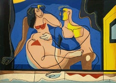 The night by the swimming pool, Painting, Acrylic on Canvas