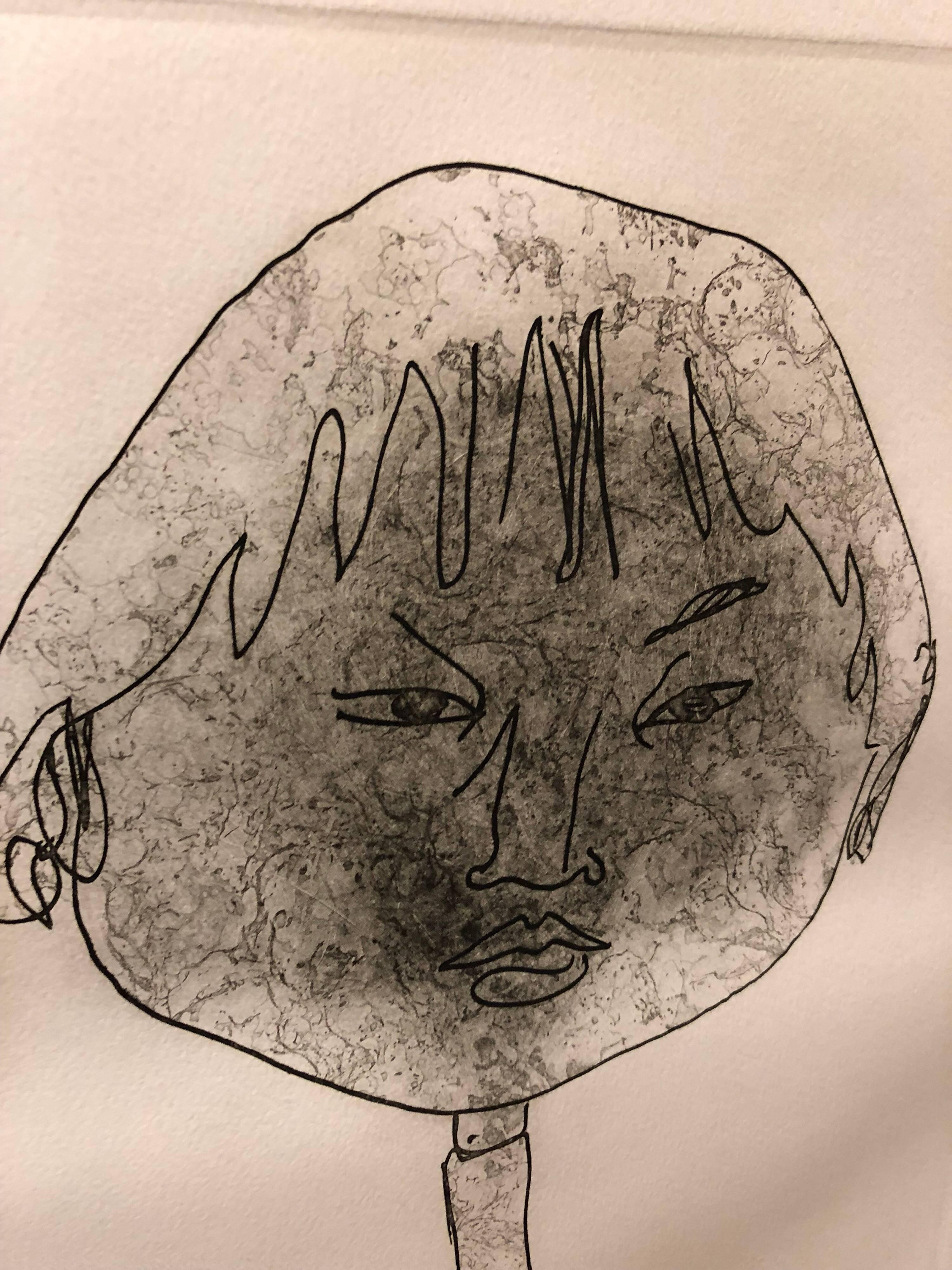 Genre: Other
Subject: Portrait
Medium: Aquatint Eching Print
Surface: Paper
Country: United States


The artist Bernard Stern illustrates the portrait of a boy in a non-realistic, caricature manner. the artist uses simple contour lines to create the