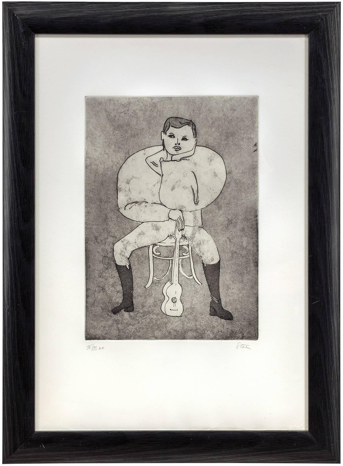 Genre: Other
Subject: Portrait
Medium: Aquatint Eching Print
Surface: Paper
Country: United States
Dimensions w/Frame: 30" x 22"

The artist Bernard Stern illustrates the figure of a boy in a non-realistic, caricature manner. The Guitar is