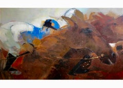 Large Fauvist French Post Impressionist Oil Painting Arabian Race Horses Jockeys