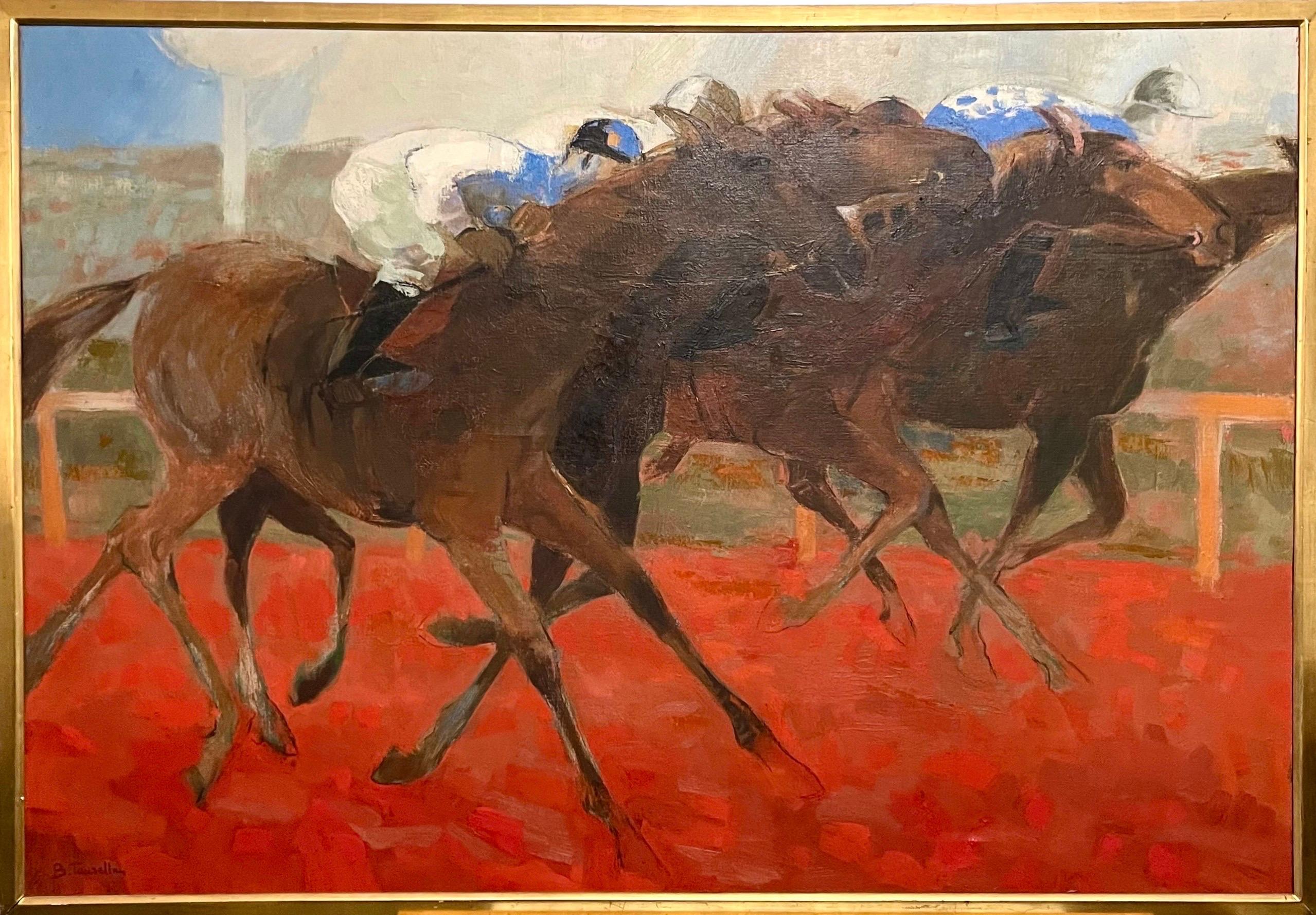 Bernard Taurelle Figurative Painting - Large Fauvist French Post Impressionist Oil Painting Arabian Race Horses Jockeys