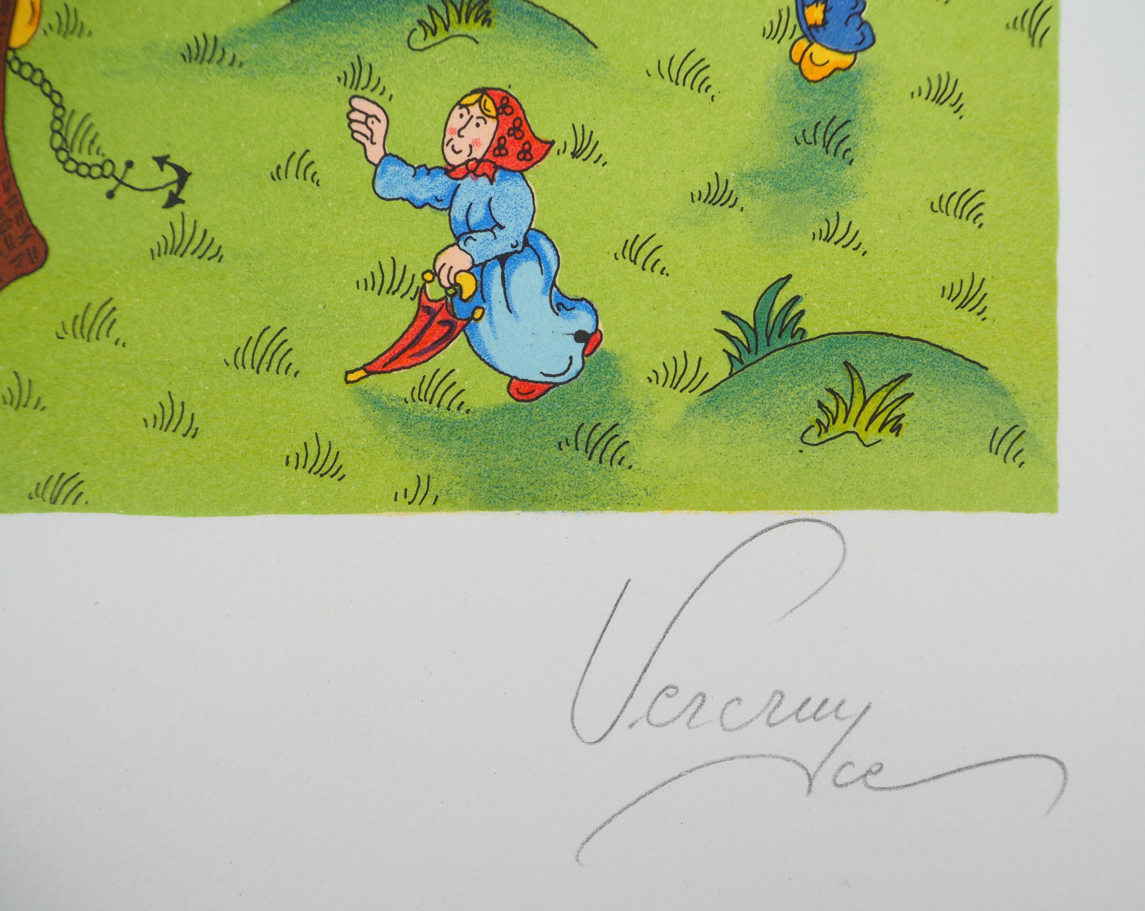 Naive Art : The Balloon - Original lithograph, Signed and Numbered / 100 - Print by Bernard VERCRUYCE