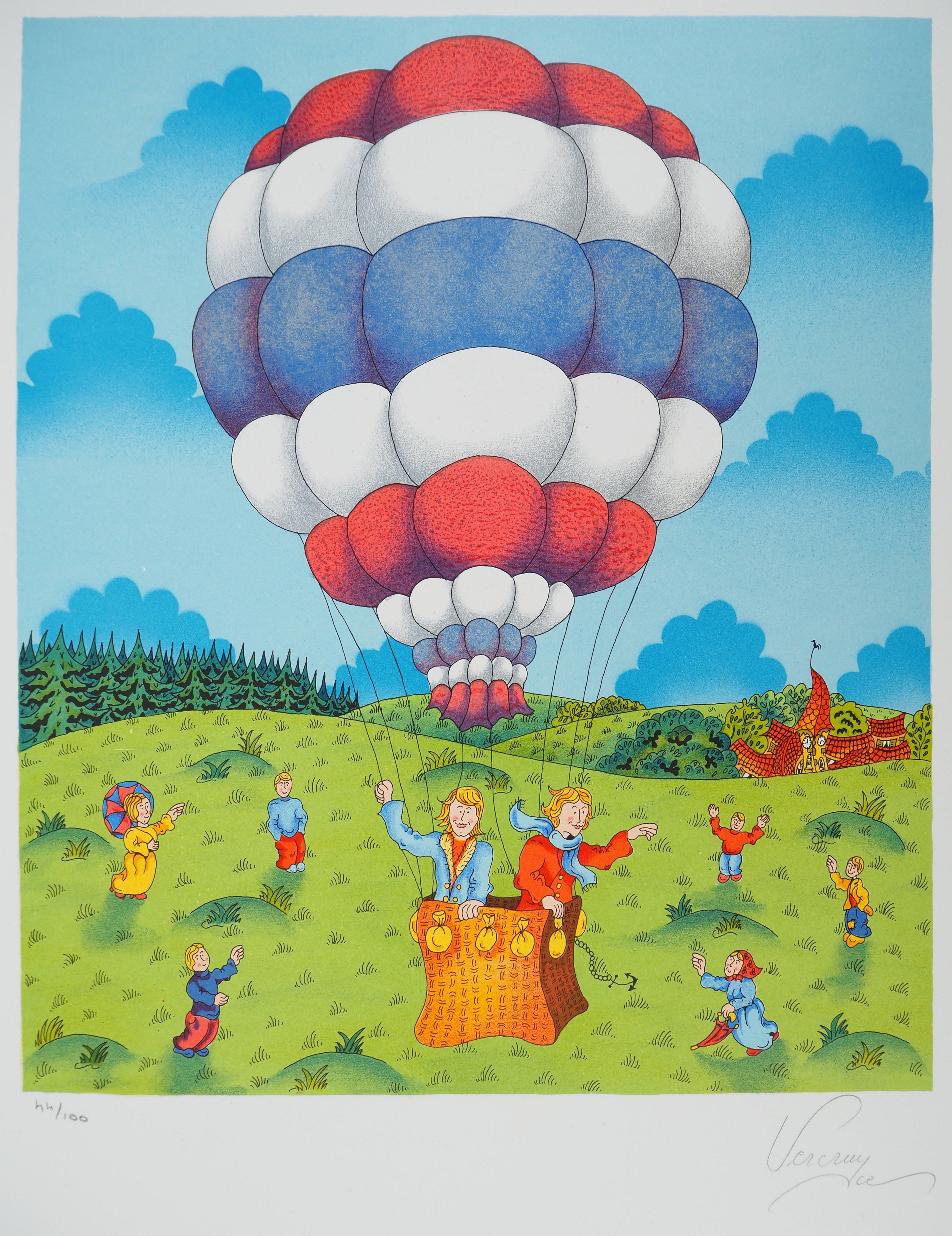 Naive Art : The Balloon - Original lithograph, Signed and Numbered / 100 - Modern Print by Bernard VERCRUYCE