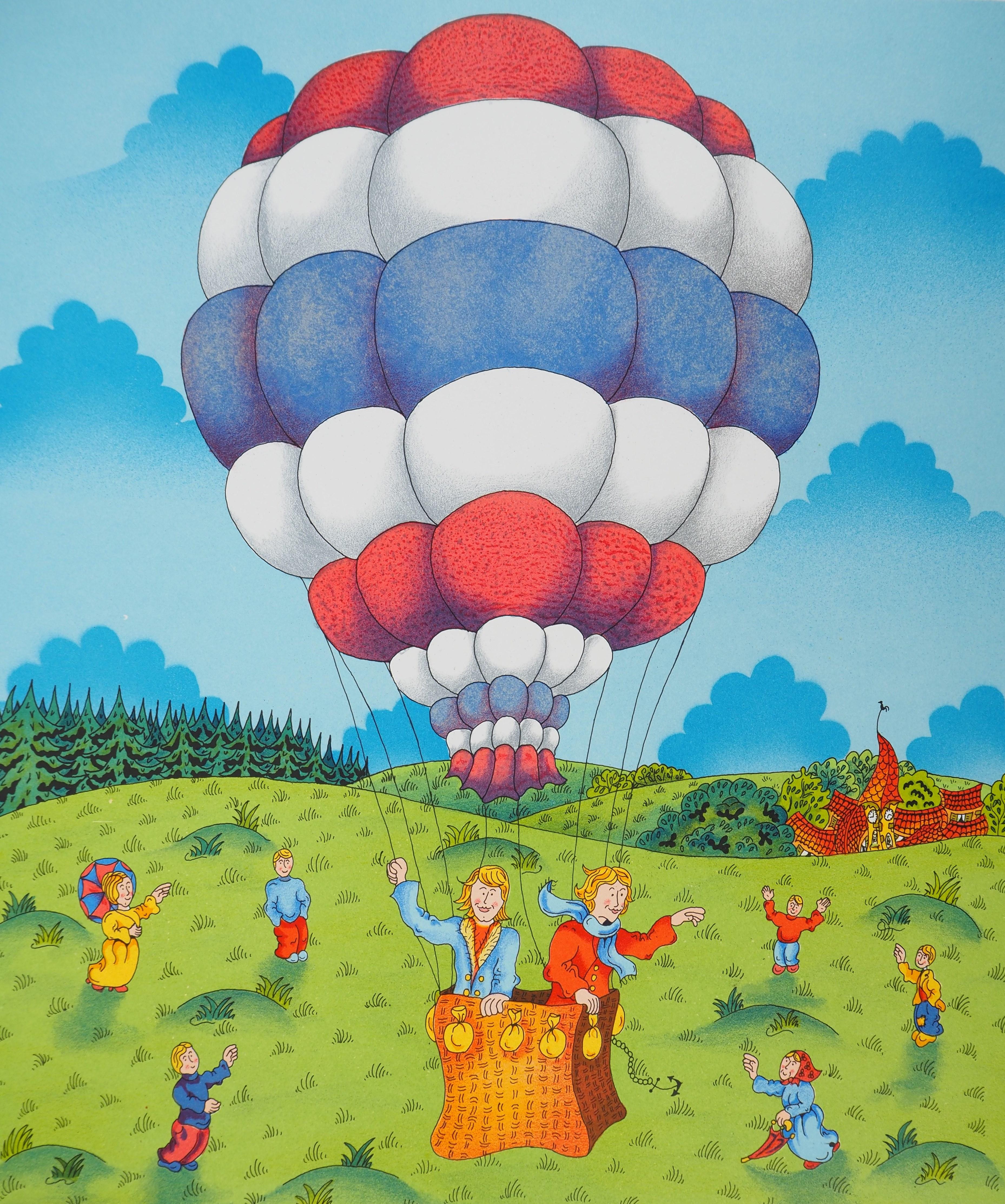 Naive Art : The Balloon - Original lithograph, Signed and Numbered / 100 - Gray Landscape Print by Bernard VERCRUYCE