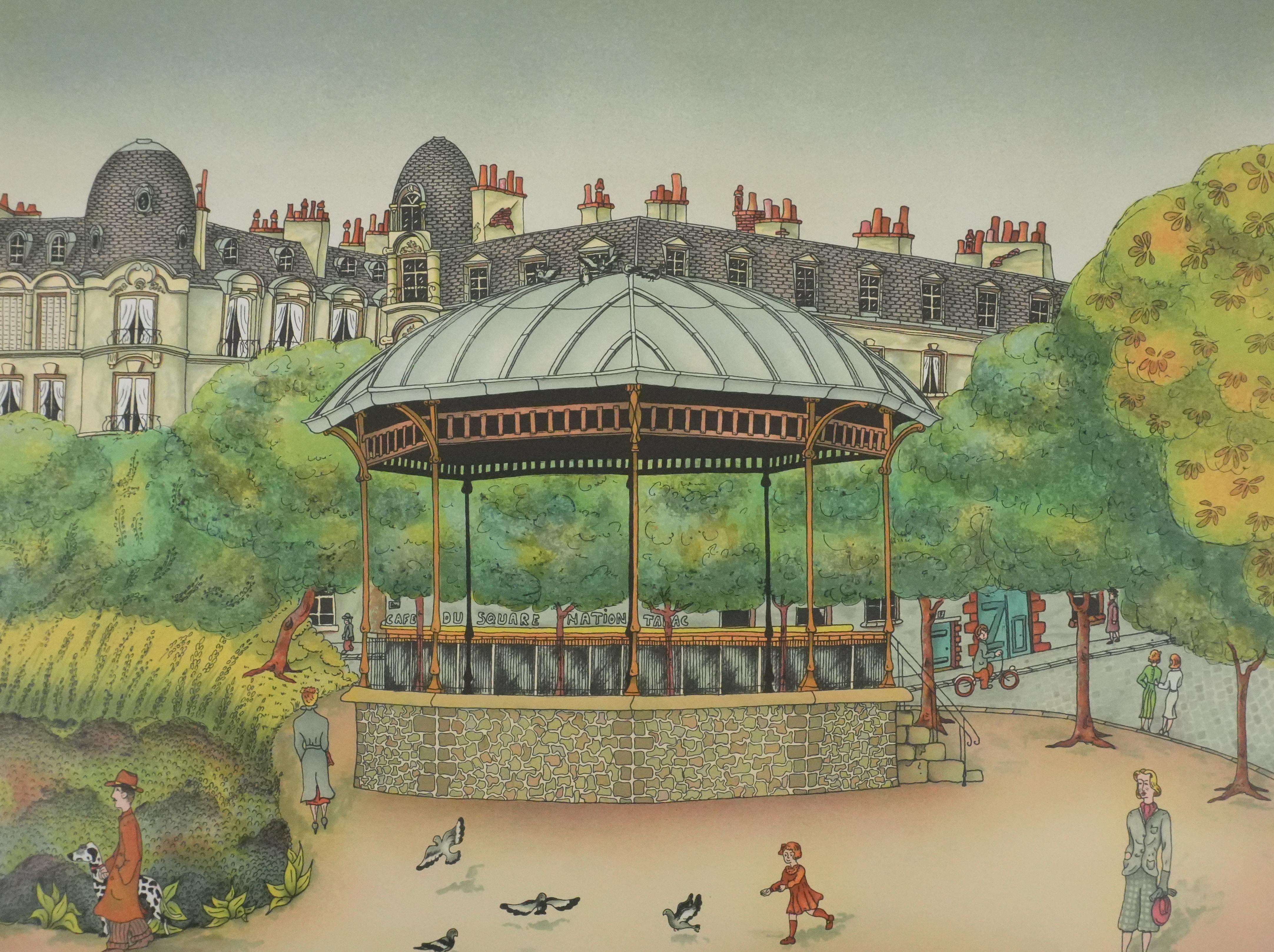 The Parisian Kiosk - Original Handsigned Lithograph - Gray Landscape Print by Bernard VERCRUYCE