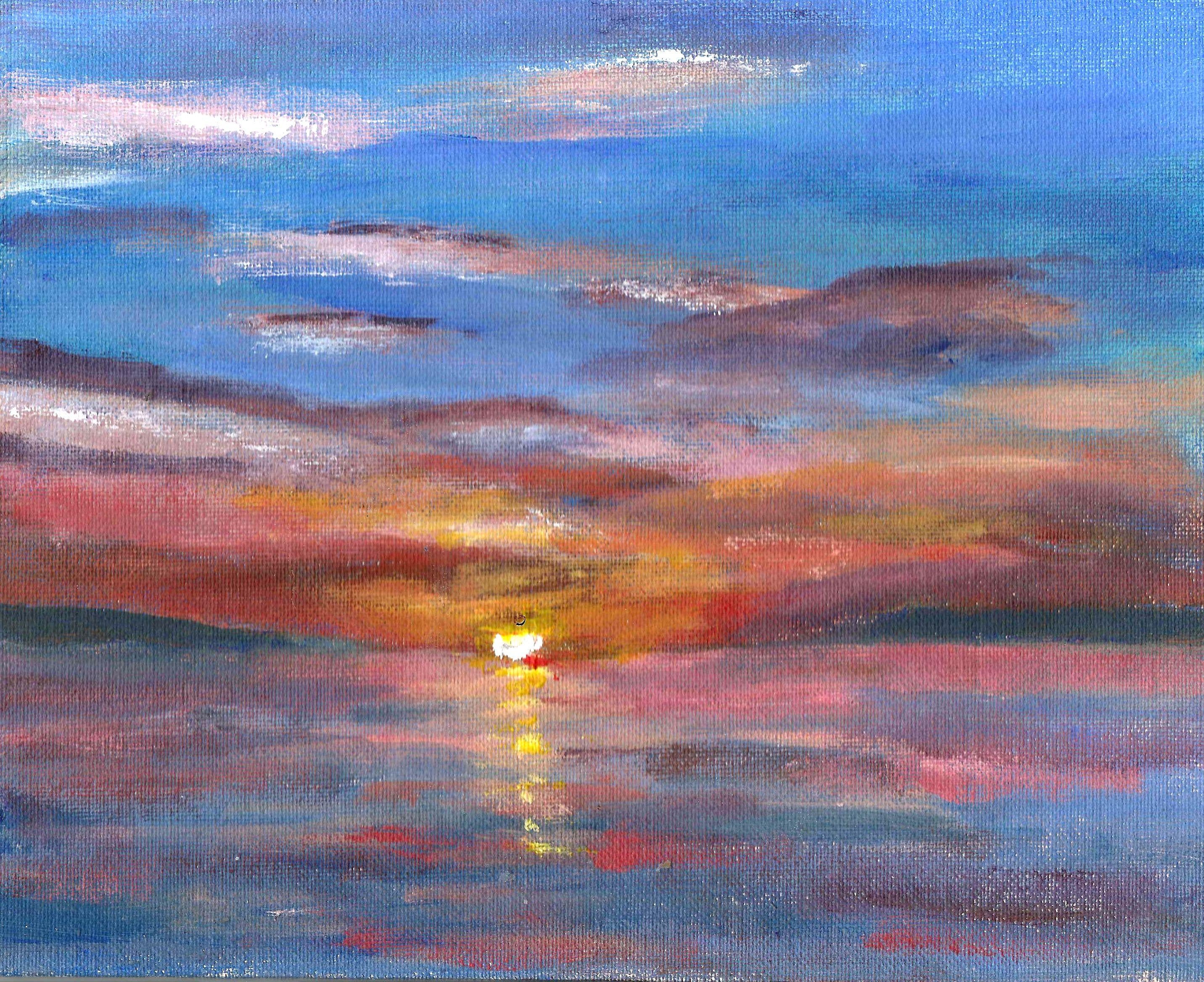 A  small painting on canvas board of a spectacular sunset at sea. :: Painting :: Impressionist :: This piece comes with an official certificate of authenticity signed by the artist :: Ready to Hang: No :: Signed: Yes :: Signature Location: Bottom