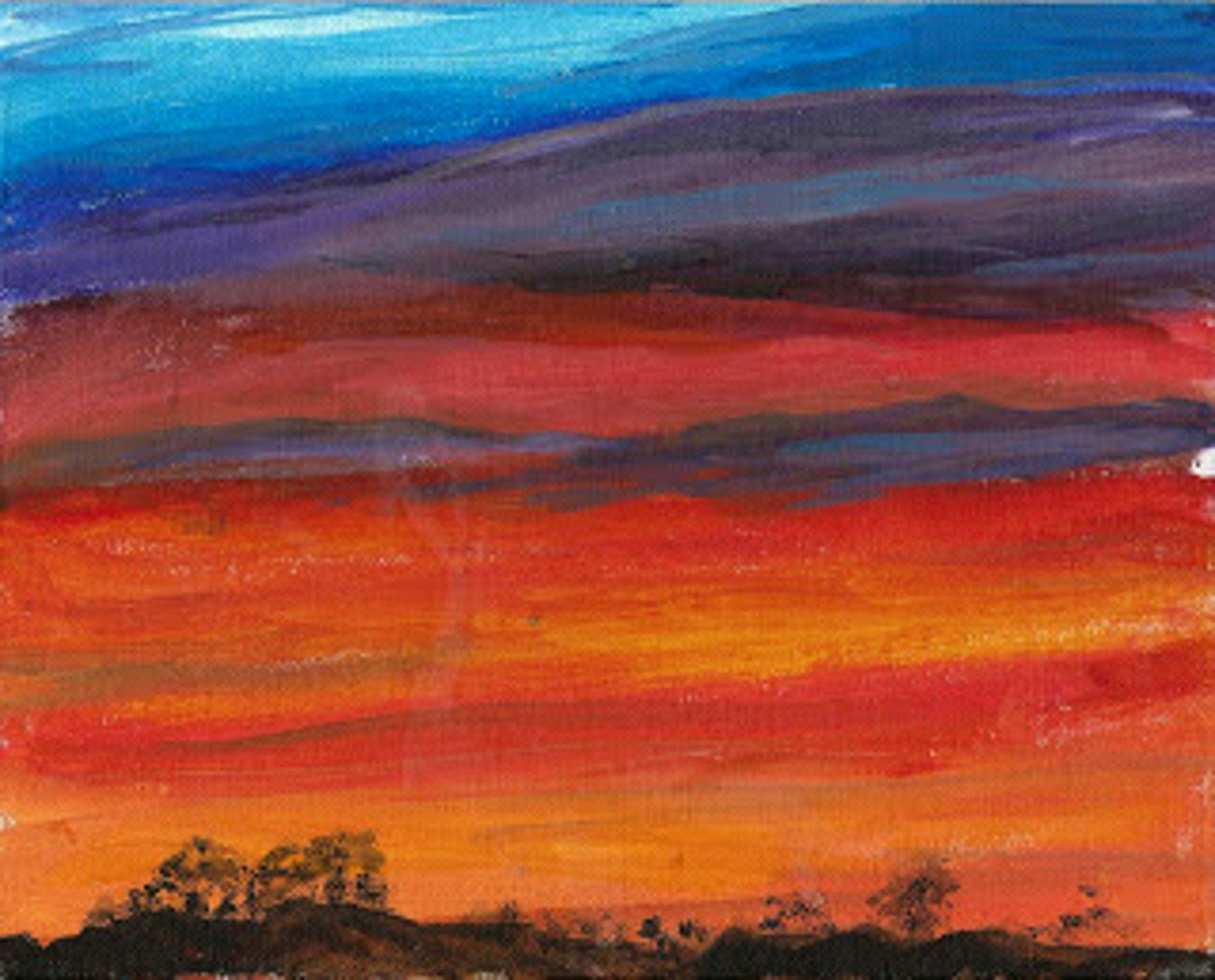 An acrylic painting on canvas board depicting a spectacular sky at sunset. :: Painting :: Impressionist :: This piece comes with an official certificate of authenticity signed by the artist :: Ready to Hang: No :: Signed: Yes :: Signature Location: