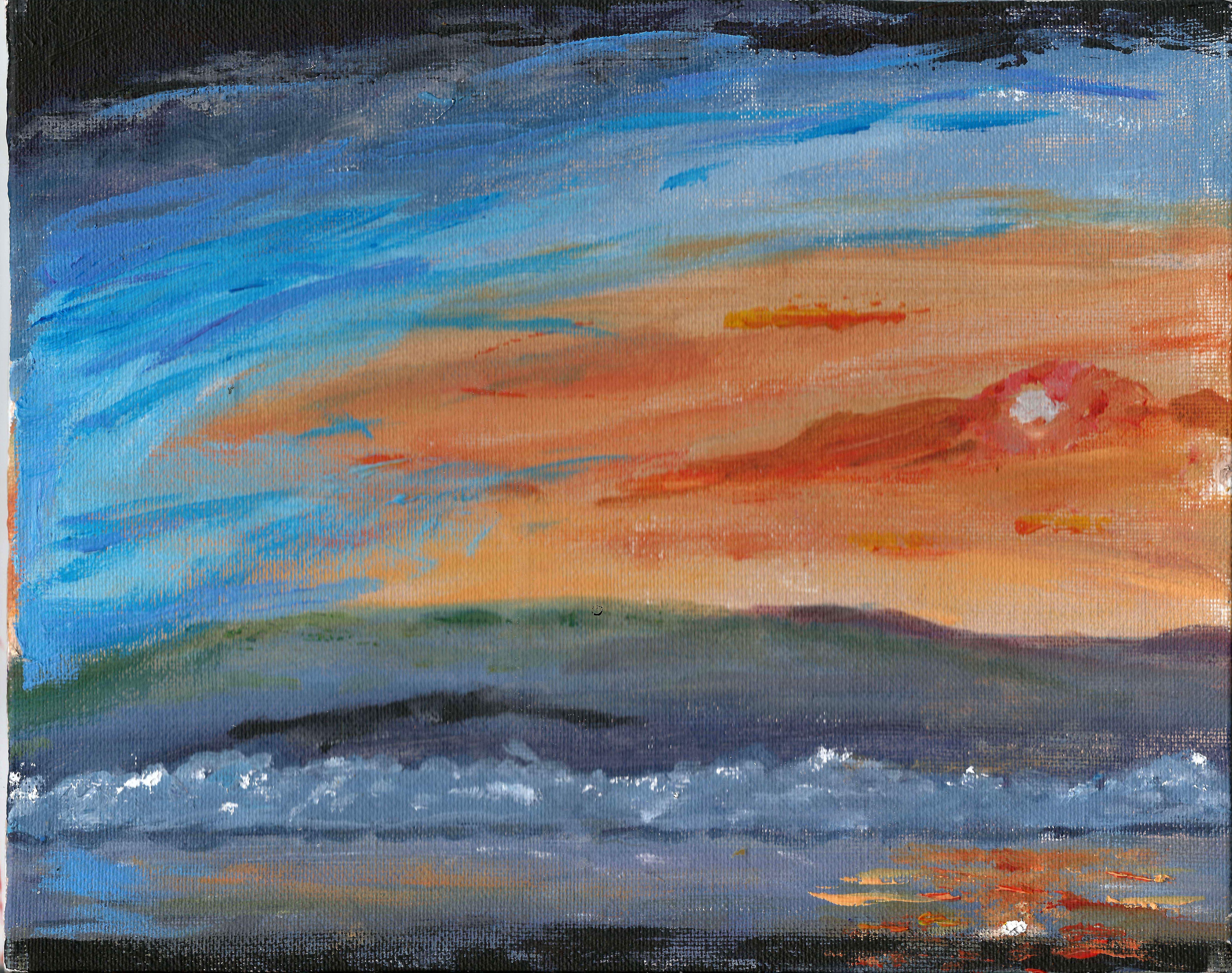 An impressionistic painting of a sunrise with a sea mist rising from the sea in the foreground, painted on a canvas board :: Painting :: Impressionist :: This piece comes with an official certificate of authenticity signed by the artist :: Ready to