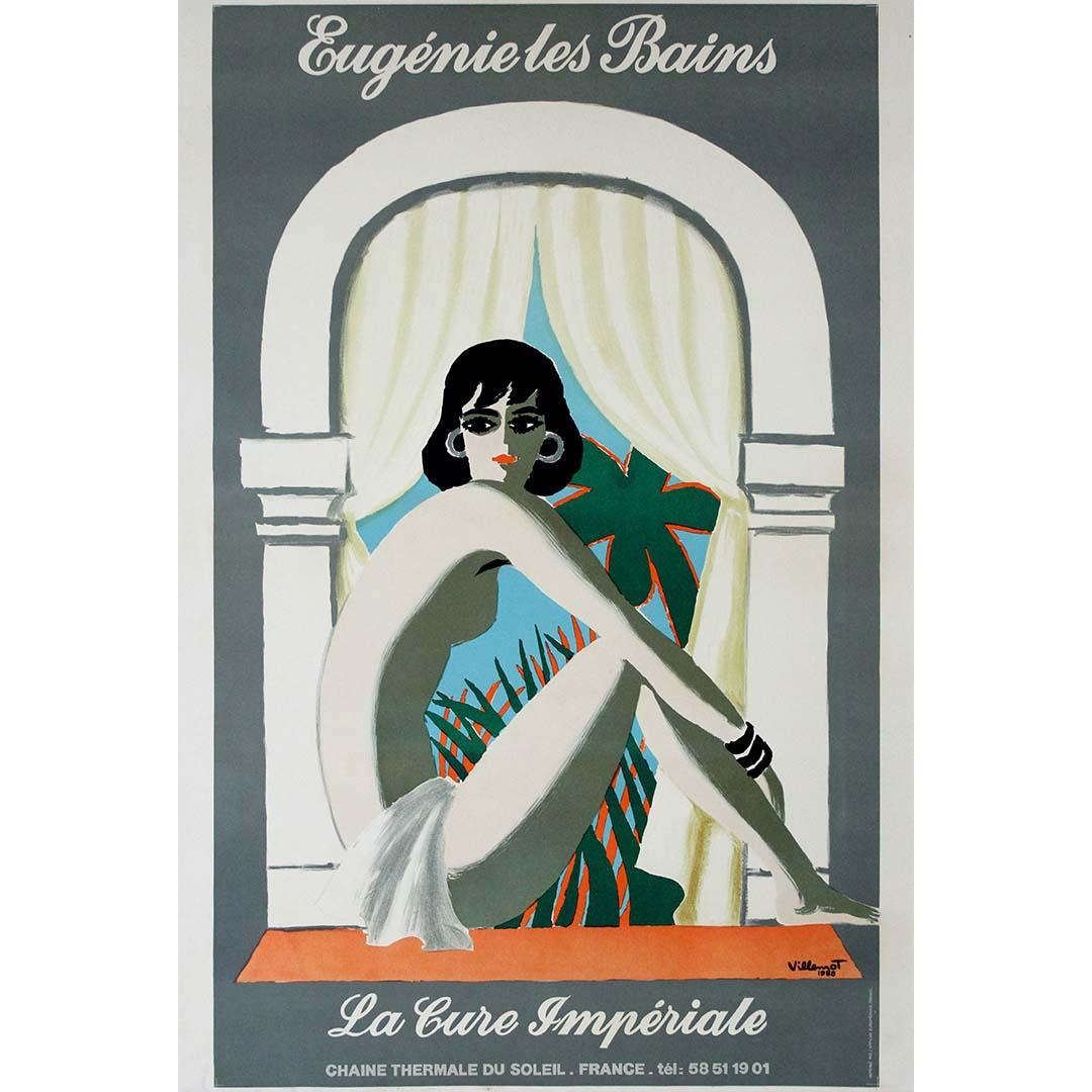 L'affiche Elegénie Les Bains - La Cure Impériale, créée en 1988 par le célèbre graphiste français Bernard Villemot, est un exemple frappant de son style caractéristique : élégant, minimaliste et évocateur. Commandée dans le cadre d'une campagne
