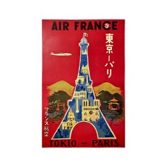 Affiche originale de 1952 de Villemot - Air France Tokio Paris - Japon