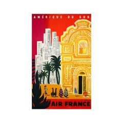 1958 Air France Cartel Original América del Sur Villemot Arte de Viajes