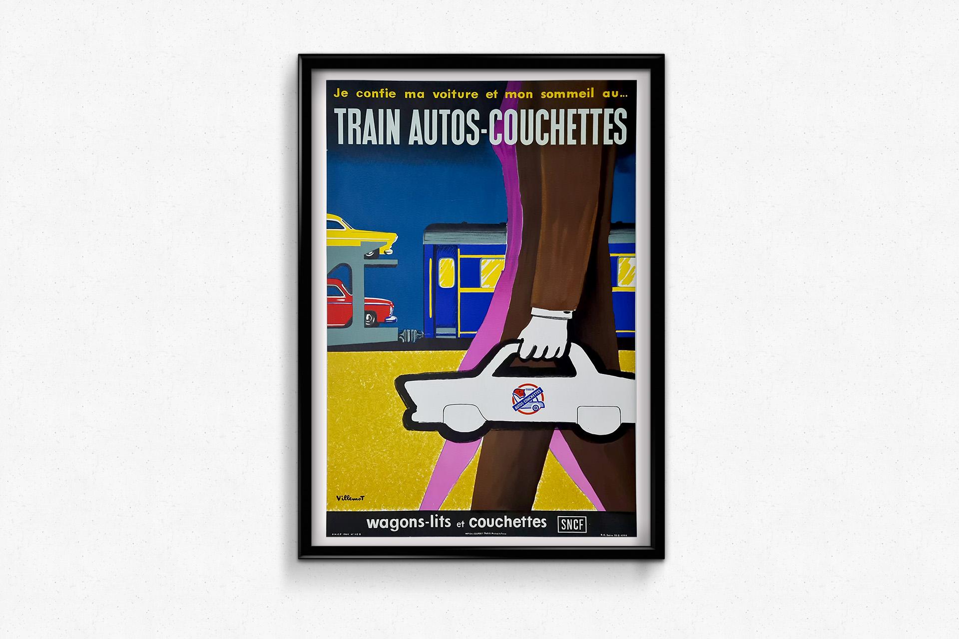L'affiche originale de Villemot de 1964 pour le service Train Autos-Couchettes de la SNCF est une pièce importante de l'histoire de la publicité du milieu du siècle dernier. Avec le slogan 