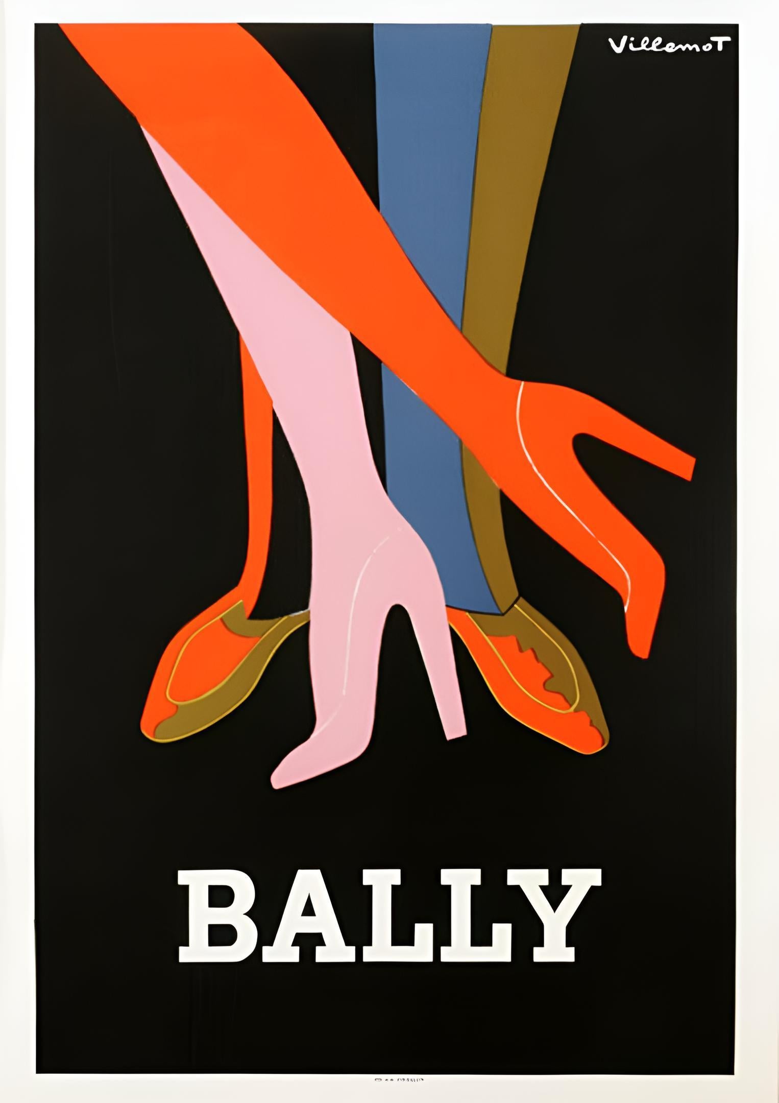 Bally 

Di Bernard Villemot

Bernard Villemot era un rinomato artista grafico francese famoso per i suoi manifesti pubblicitari vivaci e stilizzati, in particolare per marchi come Bally, Perrier e Orangina. L'uso caratteristico di colori vivaci e di