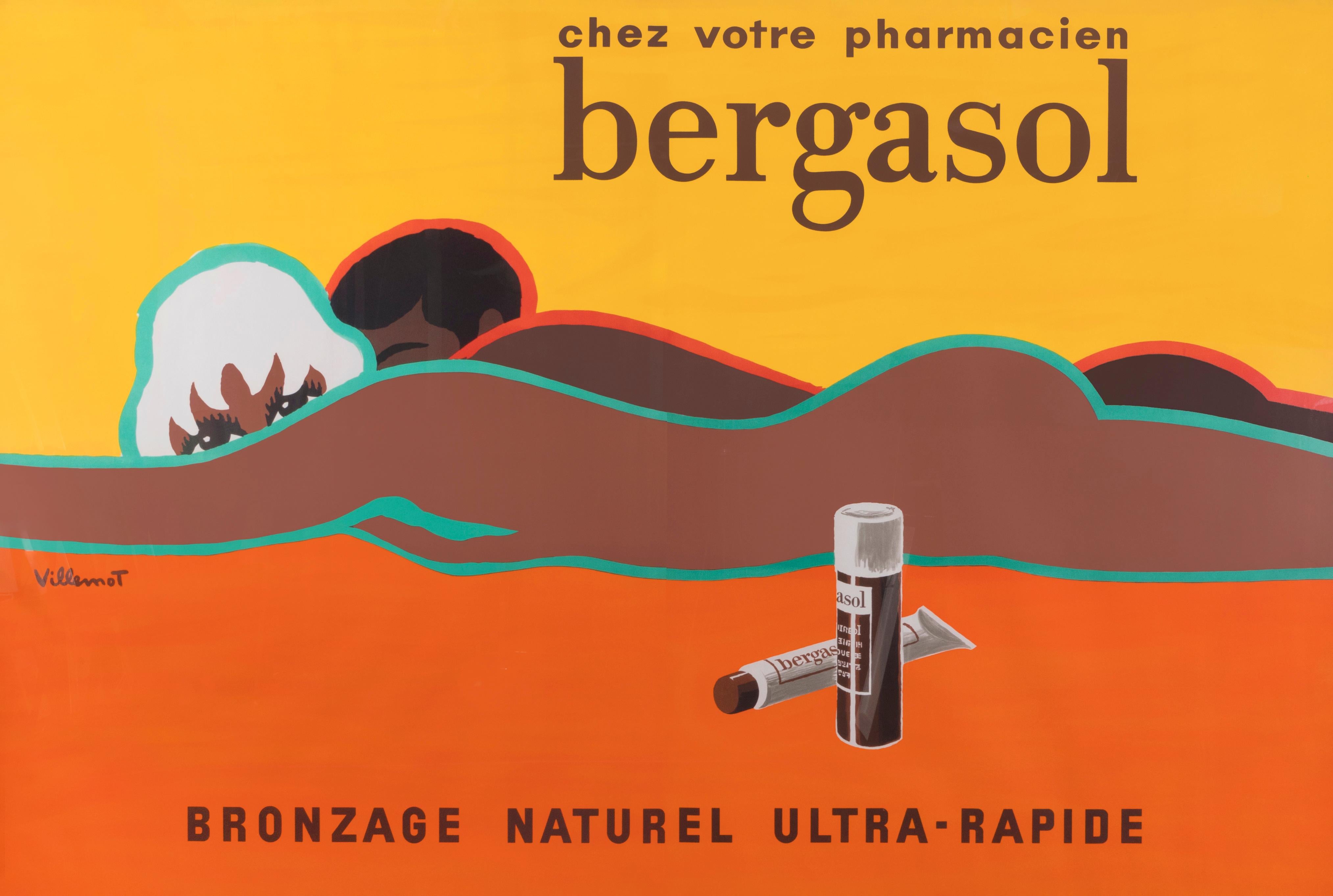 Bernard Villemot Portrait Print - "Bergasol (large horizontal)" 1960s Art Deco French Original Vintage Poster