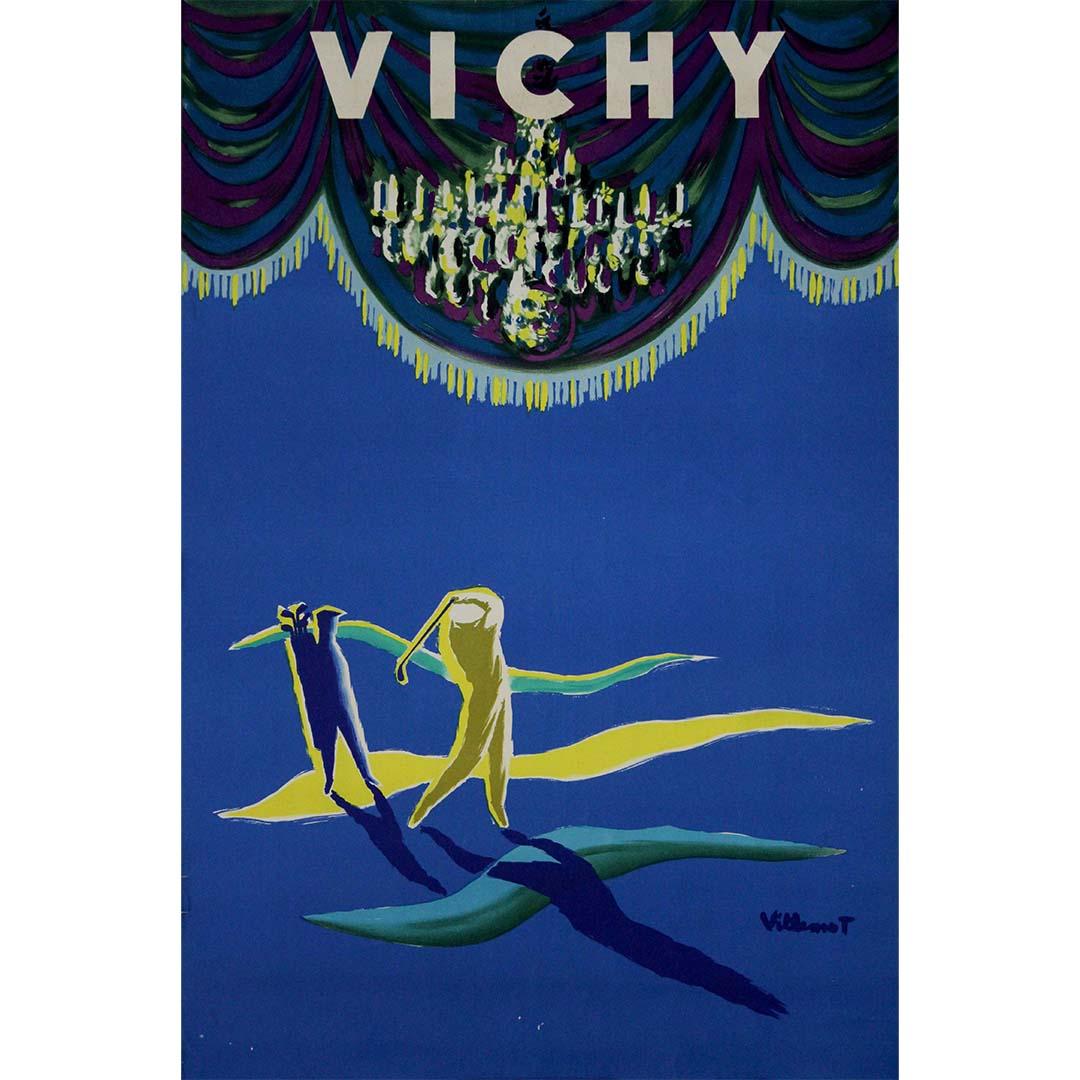 The circa 1960 original travel poster by Bernard Villemot for Vichy - Golf is a captivating piece that highlights the allure of the renowned spa town of Vichy, France, as a premier golfing destination. Created by Bernard Villemot, a master of