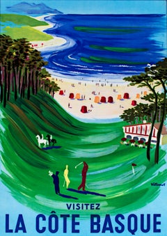 Poster di viaggio litografico originale 'La Côte Basque' con spiaggia e golf