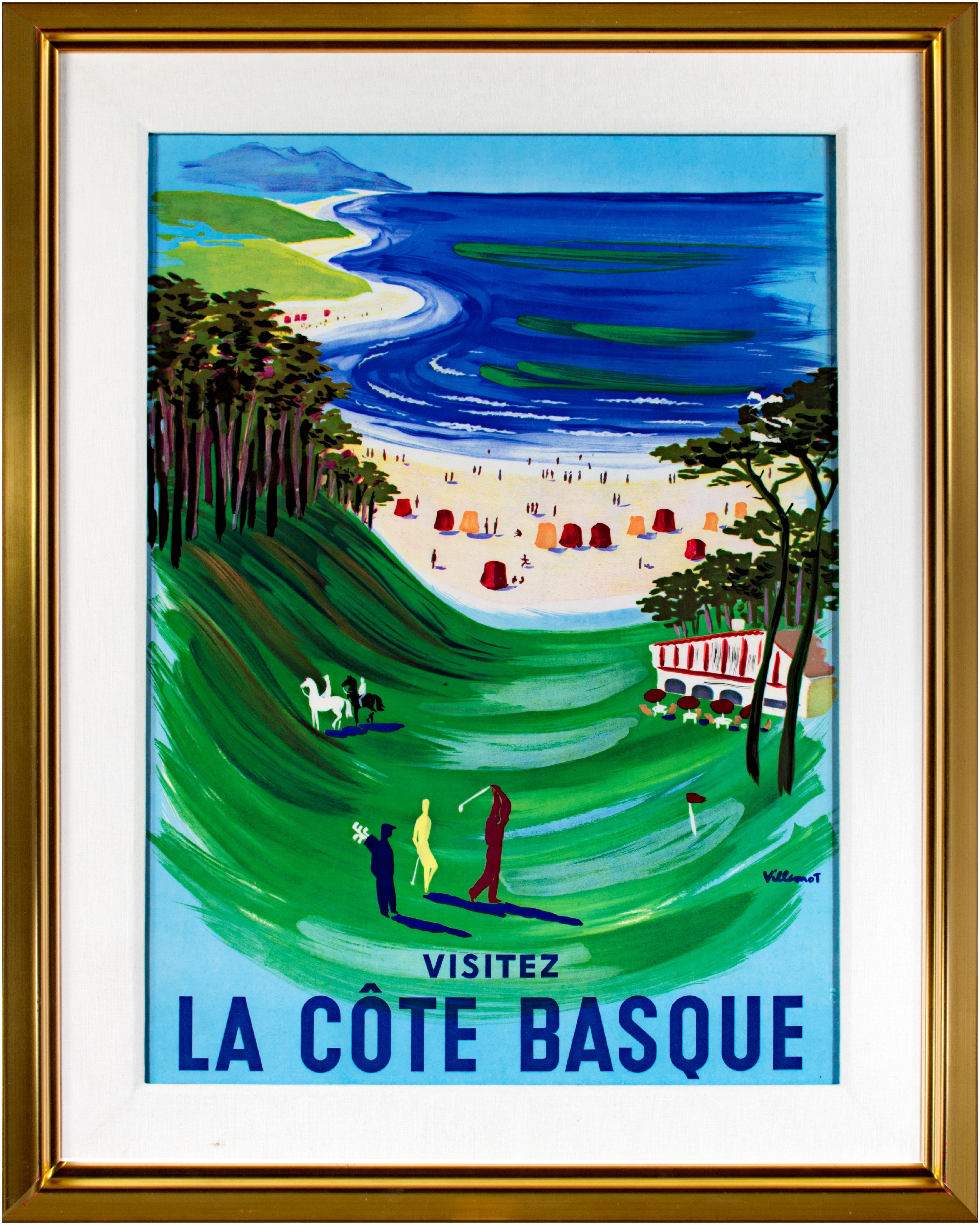 Bernard Villemot Landscape Print - 'La Côte Basque' original lithograph travel poster with beach and golf