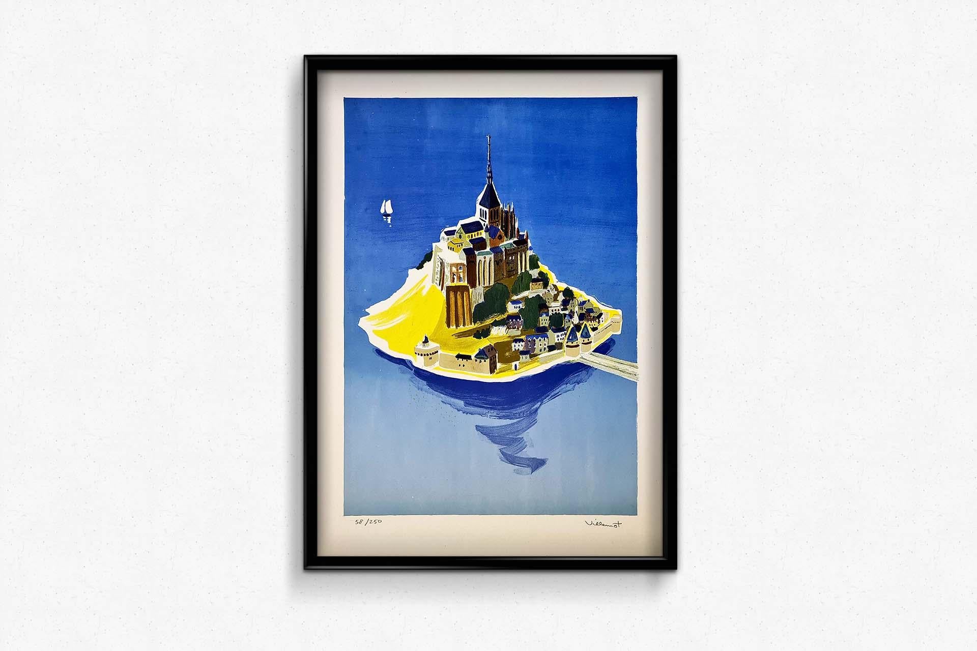 Original Lithograph numbered and signed by Bernard Villemot. In 1955, Bernard Villemot produced this lithograph for the SNCF to promote tourism in Mont Saint Michel.
The artist's refined drawing style is recognizable here as he depicts the Norman