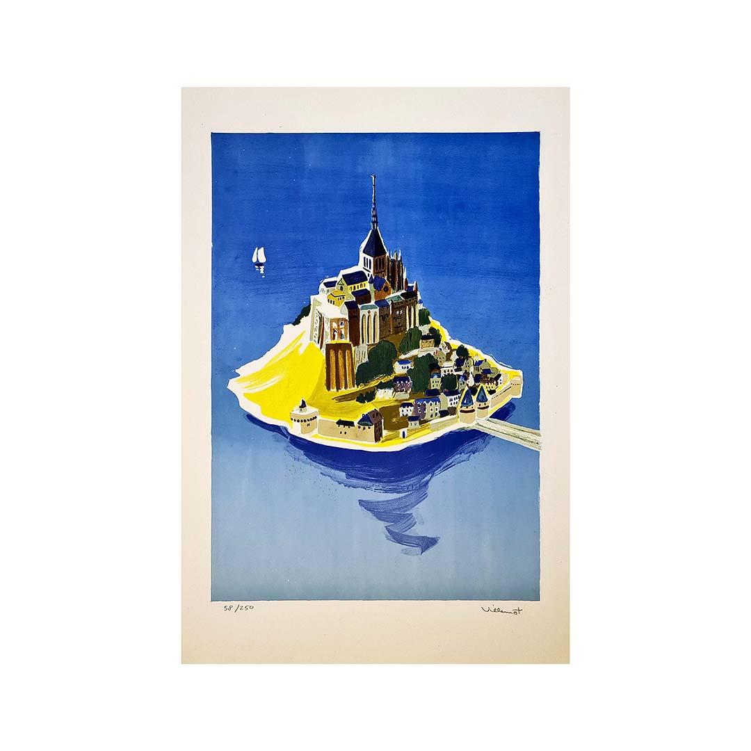 Litografia originale numerata e firmata da Bernard Villemot. Nel 1955, Bernard Villemot realizzò questa litografia per la SNCF per promuovere il turismo a Mont Saint Michel.
Il raffinato stile di disegno dell'artista è riconoscibile qui, mentre