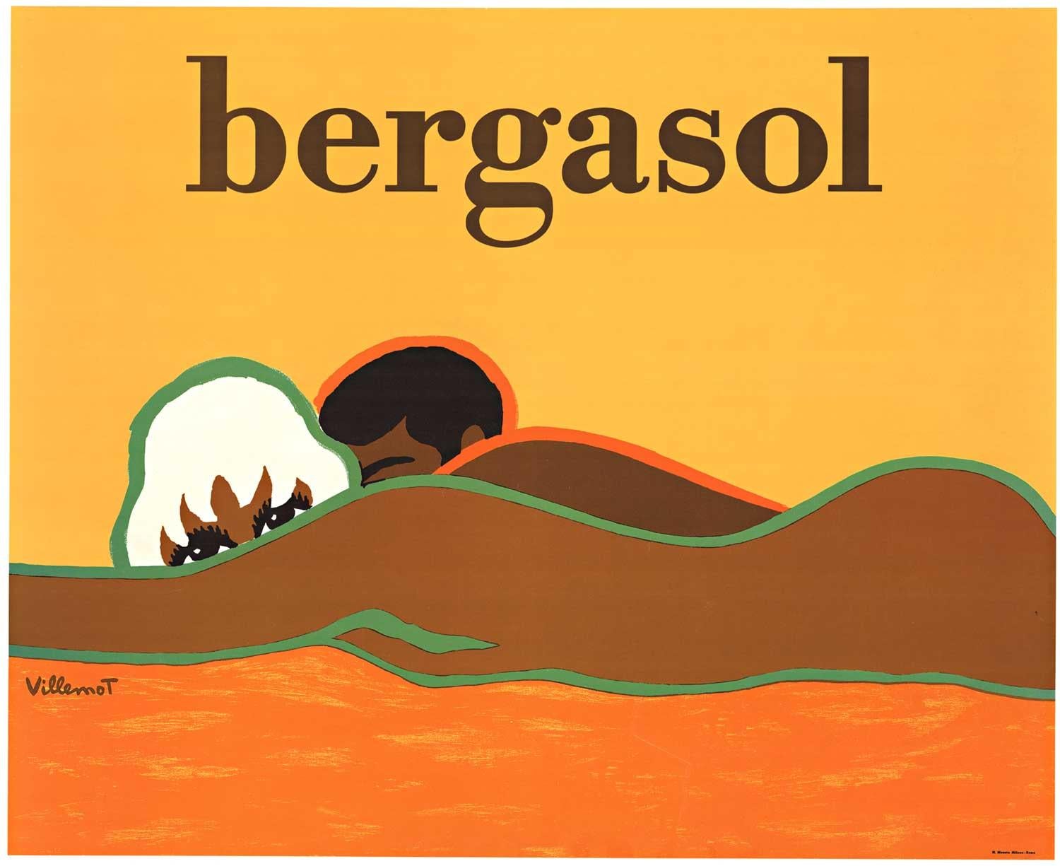 Figurative Print Bernard Villemot - Affiche vintage d'origine Bergasol  Villemot  Écran solaire