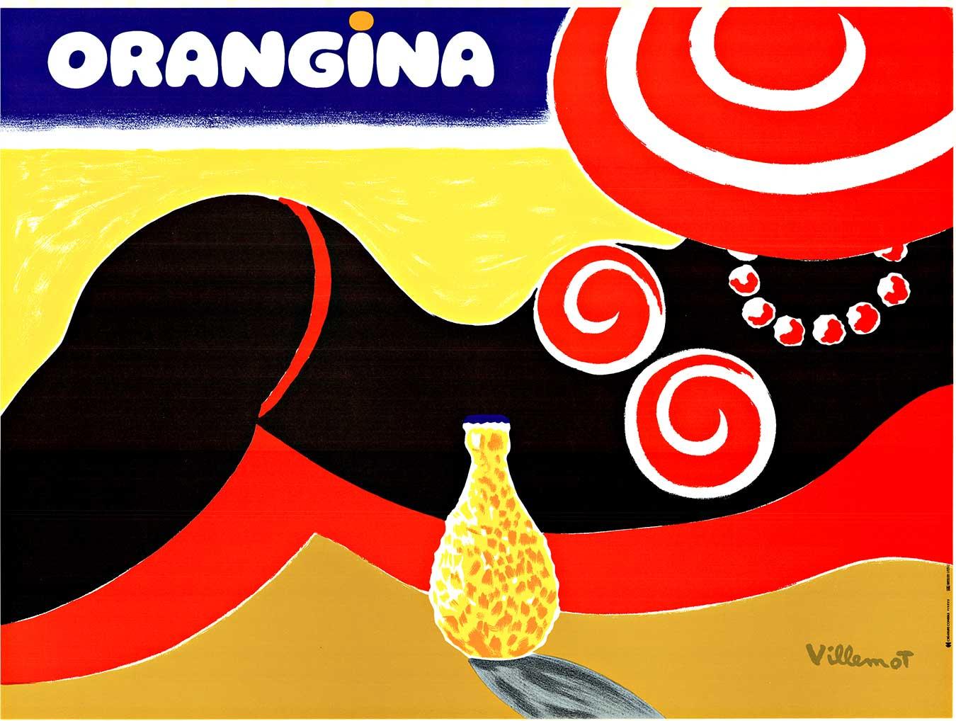 Poster orizzontale vintage originale di Orangina. Questo poster non ha il retro in lino ed è in condizioni di grado A-A, pronto per essere incorniciato. È stato progettato nel 1984 ed è documentato come immagine n. 380 nel libro Posters of Bernard