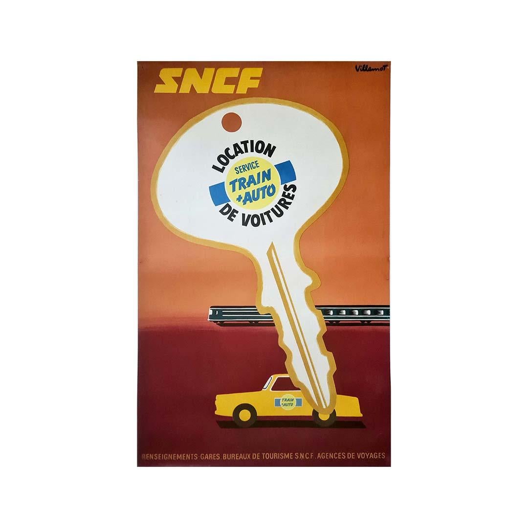 Original poster of Bernard Villemot for the SNCF and its service of renting car For Sale 1