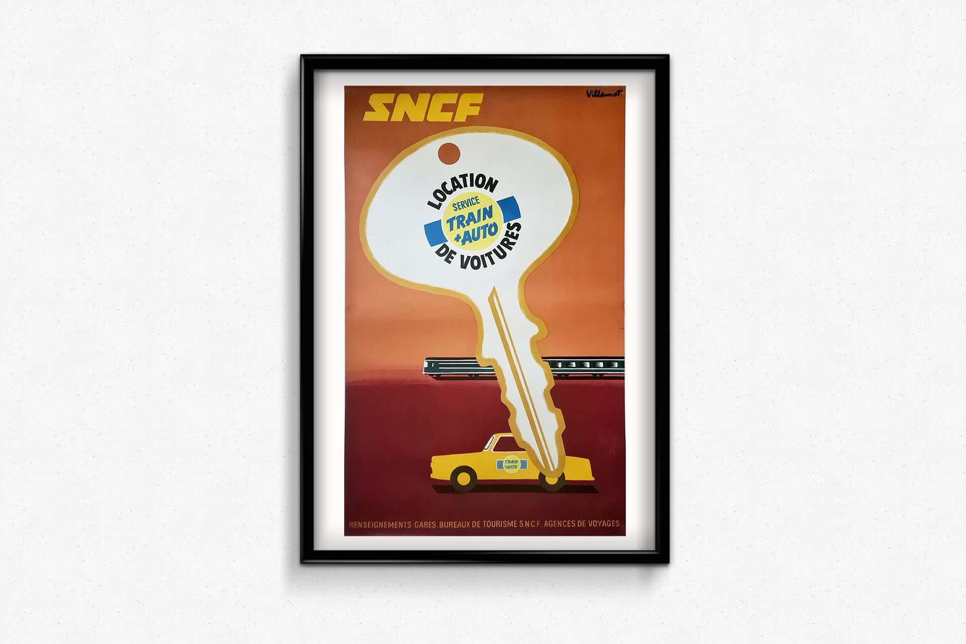 Original poster of Bernard Villemot for the SNCF and its service of renting car For Sale 3